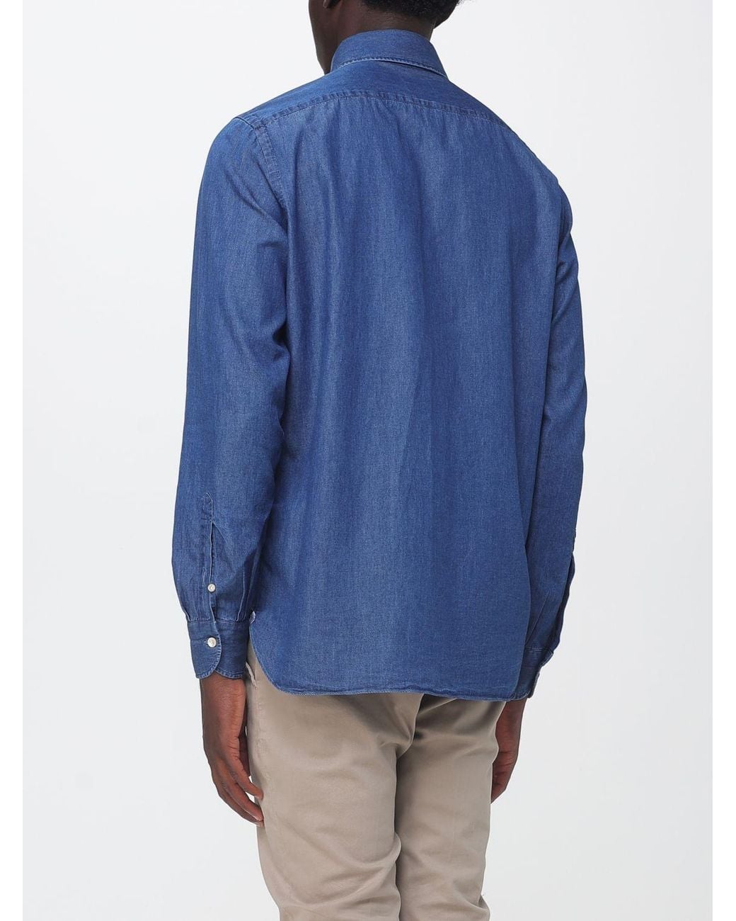Luigi Borrelli Napoli Blue Luciano Long-Sleeve Cotton Shirt With French Collar for men