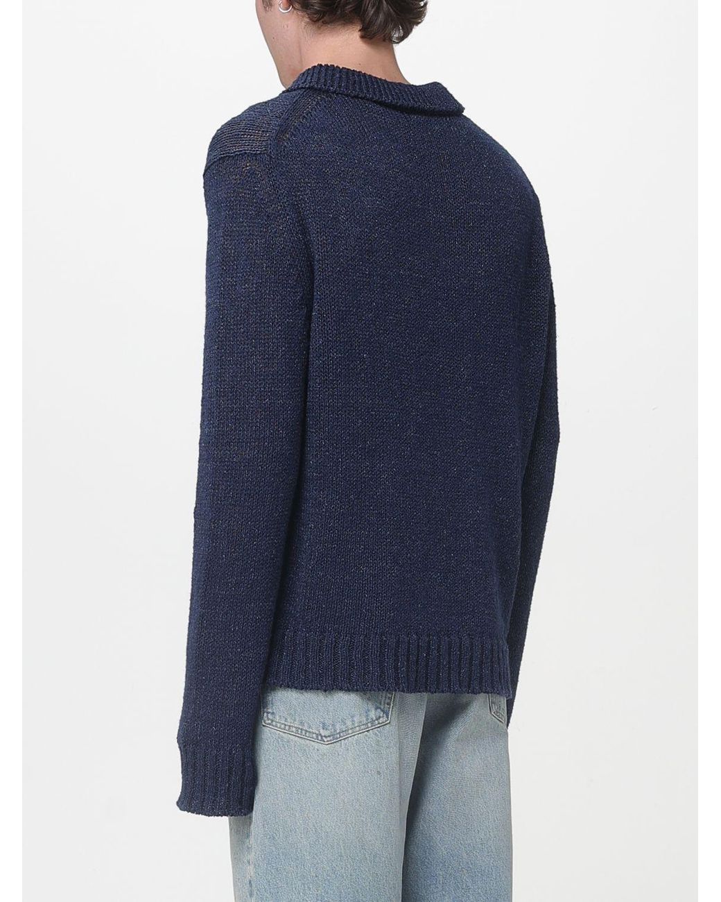 sunflower Blue Cotton And Linen Knit Polo Shirt for men
