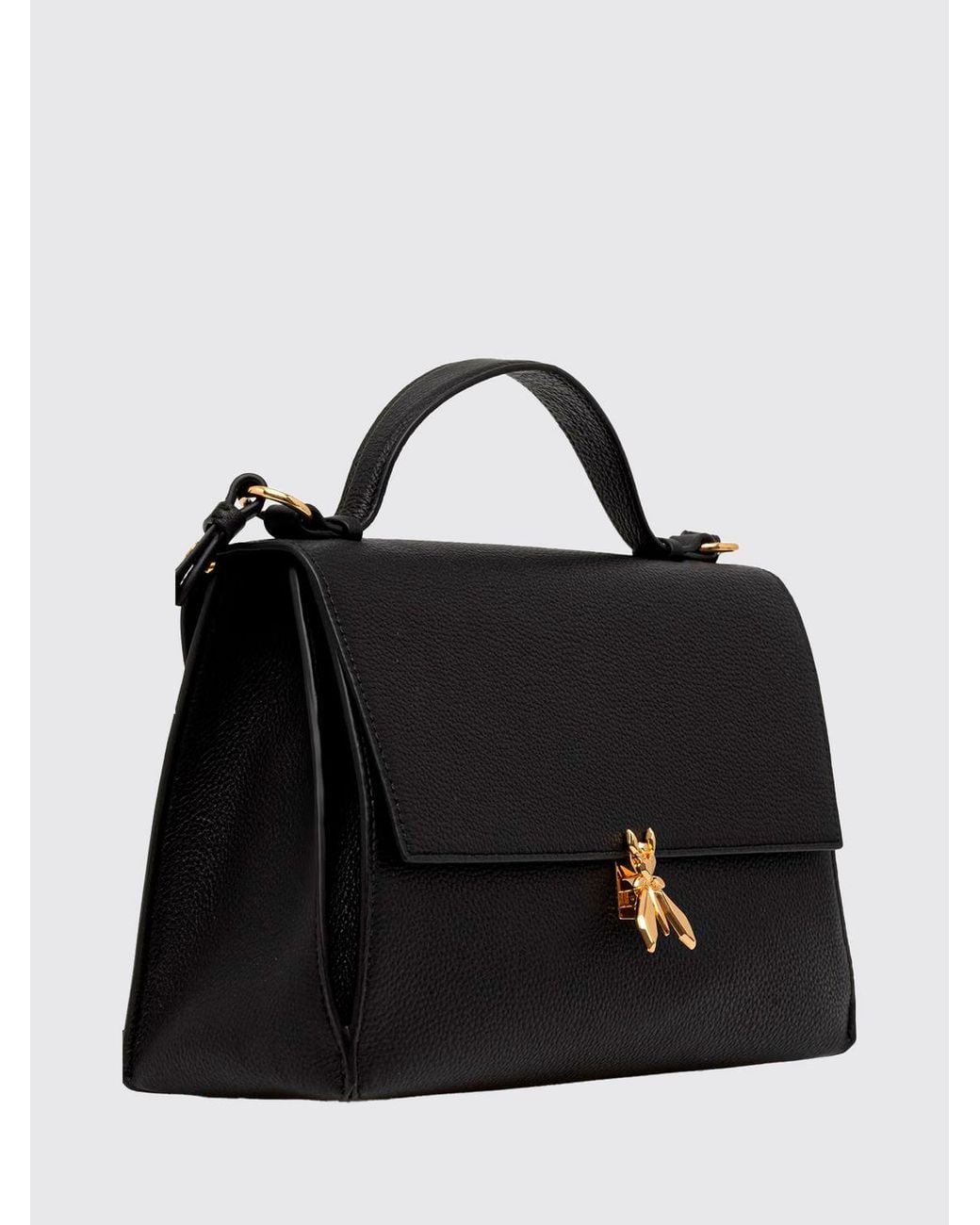 Patrizia Pepe Black Grained Leather Handbag With Fly Logo Buckle And Removable Strap
