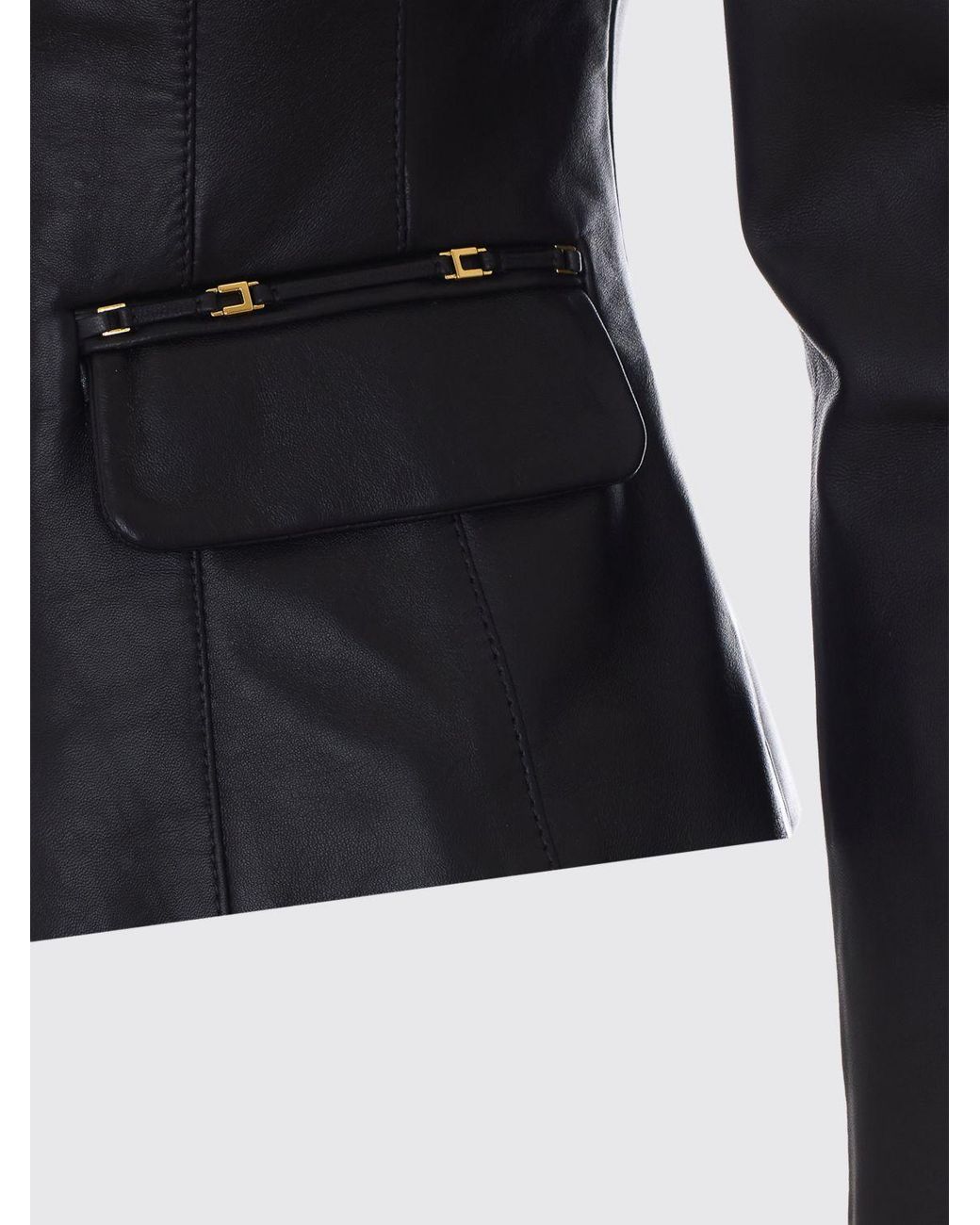 Elisabetta Franchi Black Slim Fit Leather Blazer With Peak Lapels