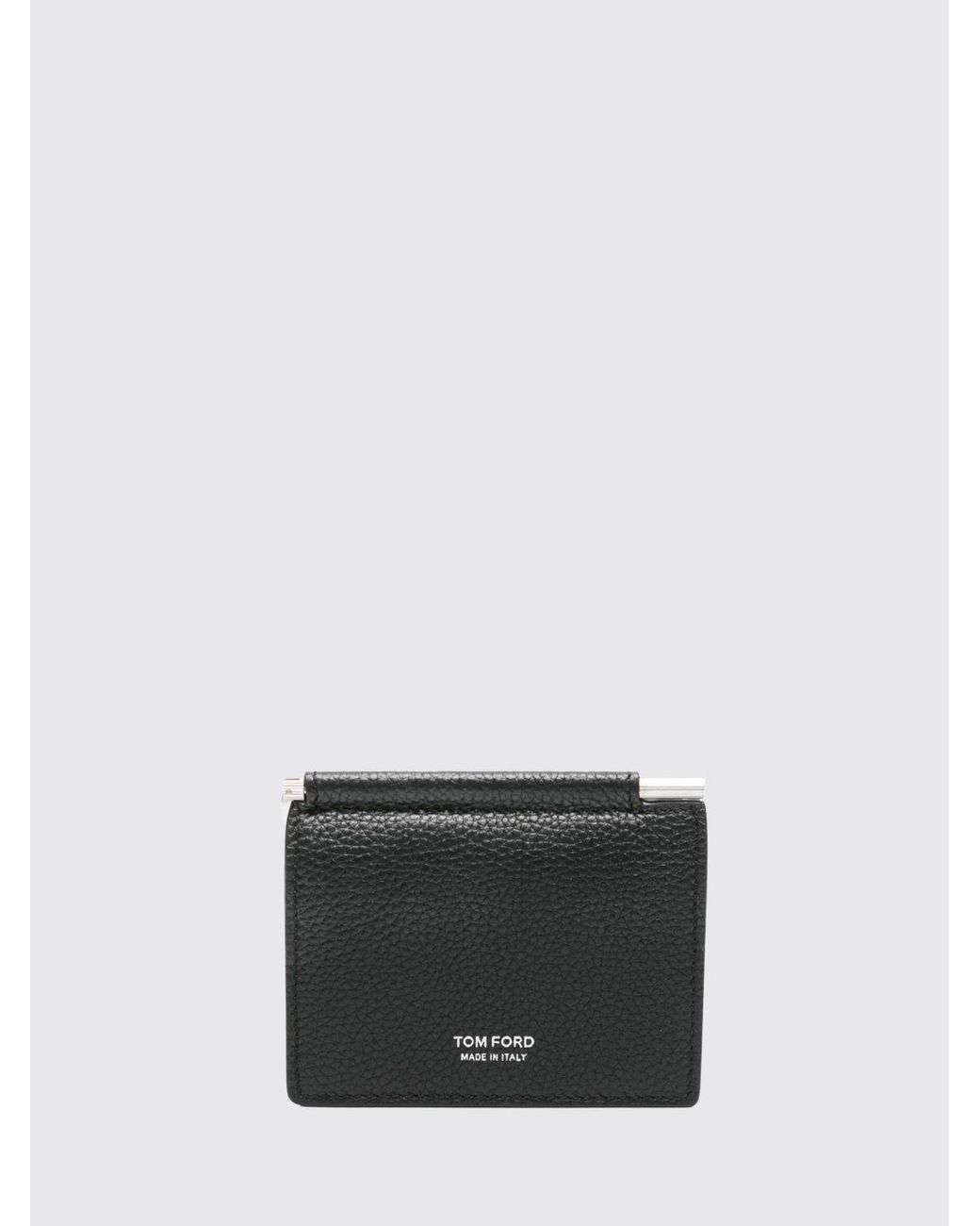 Tom Ford Gray Bifold Leather Card Holder With Money Clip And Laminated Logo for men
