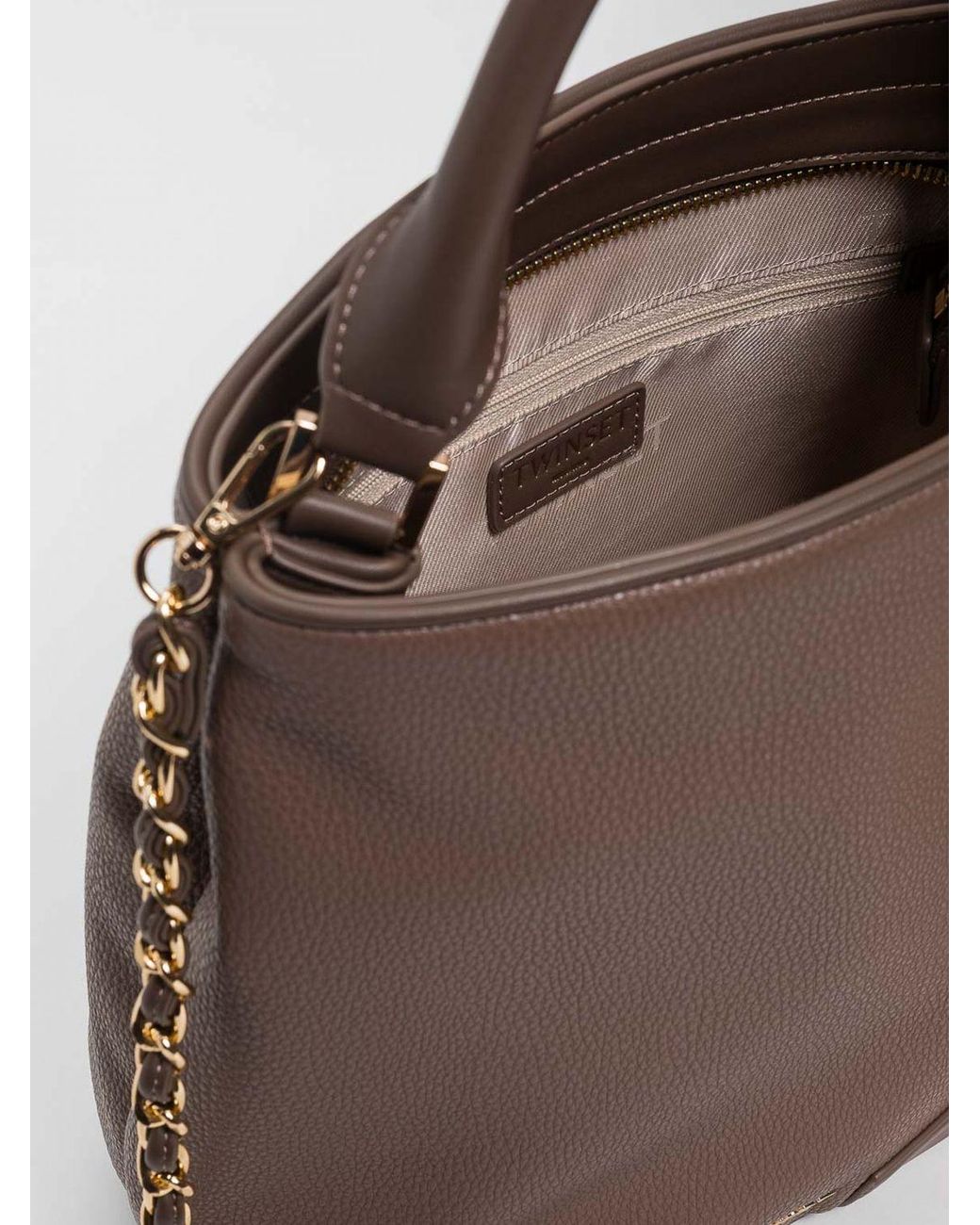Twinset Brown Grained Leather Bucket Bag With Chain Strap