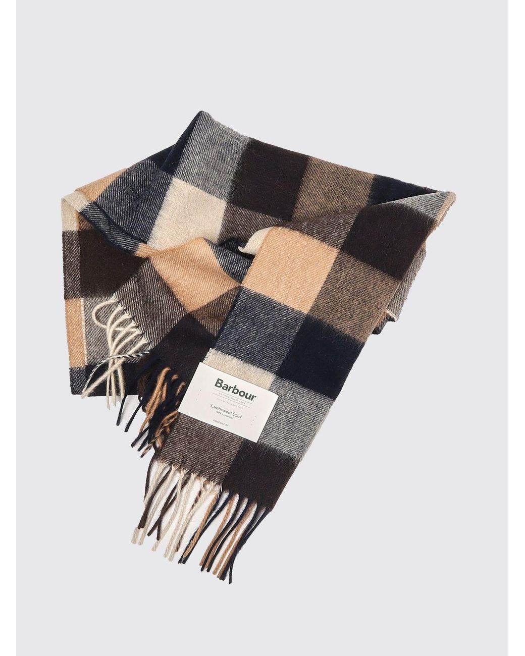 Barbour Brown Check 100% Lambswool Scarf With Fringed Ends for men