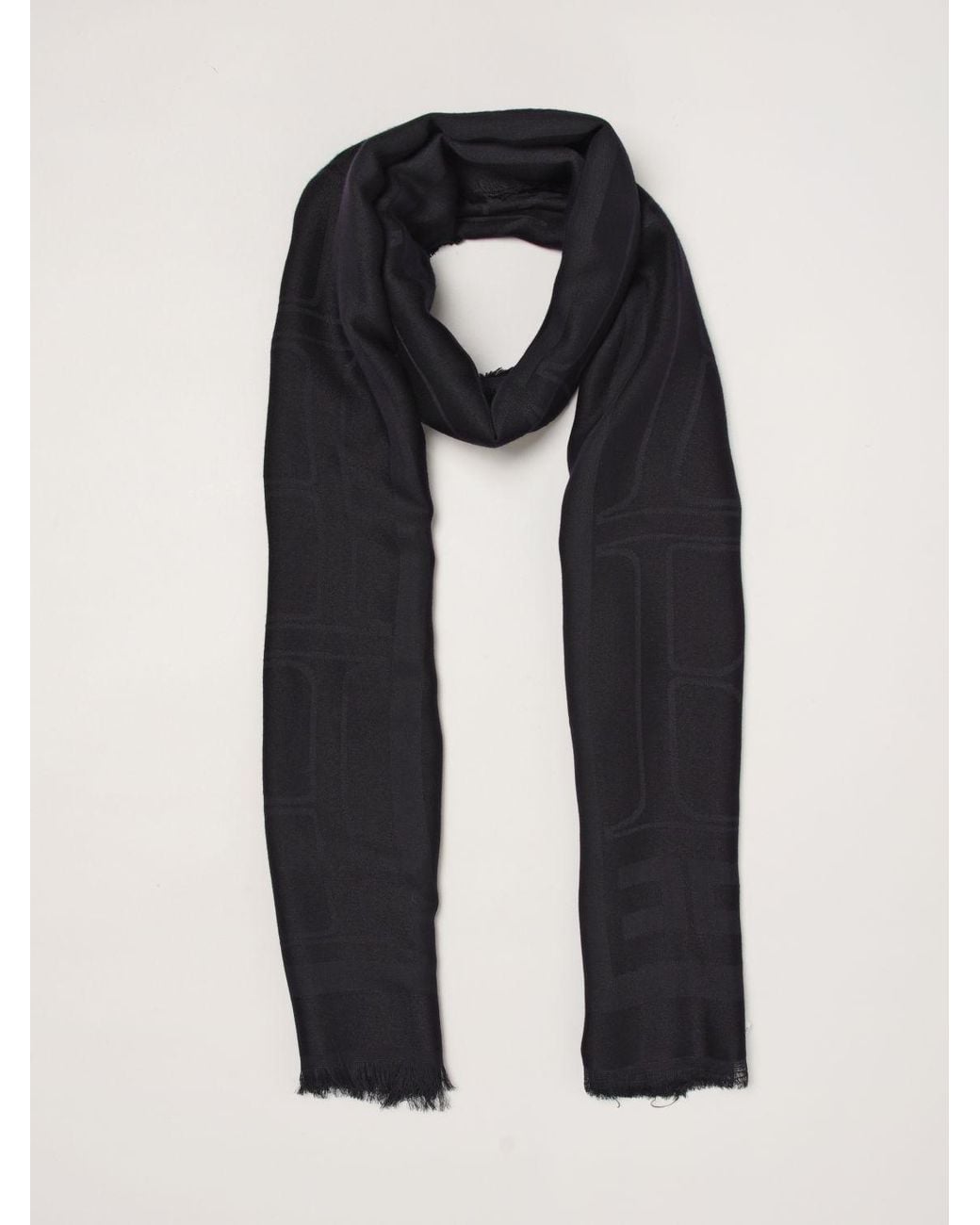 Elisabetta Franchi Black Modal And Viscose Scarf With Jacquard Logo And Fringed Edges