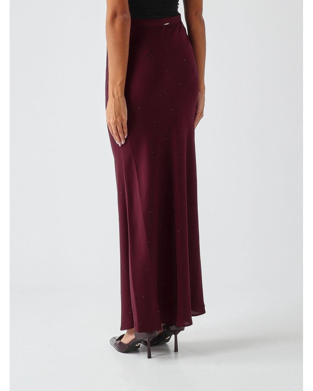 Twinset Red Satin Pencil Midi Skirt With Rhinestones
