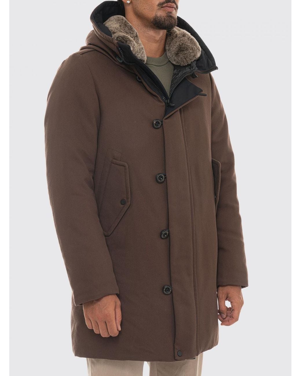 Peuterey Brown Kasa Ki Water-Repellent Knee-Length Parka With Fur Collar for men