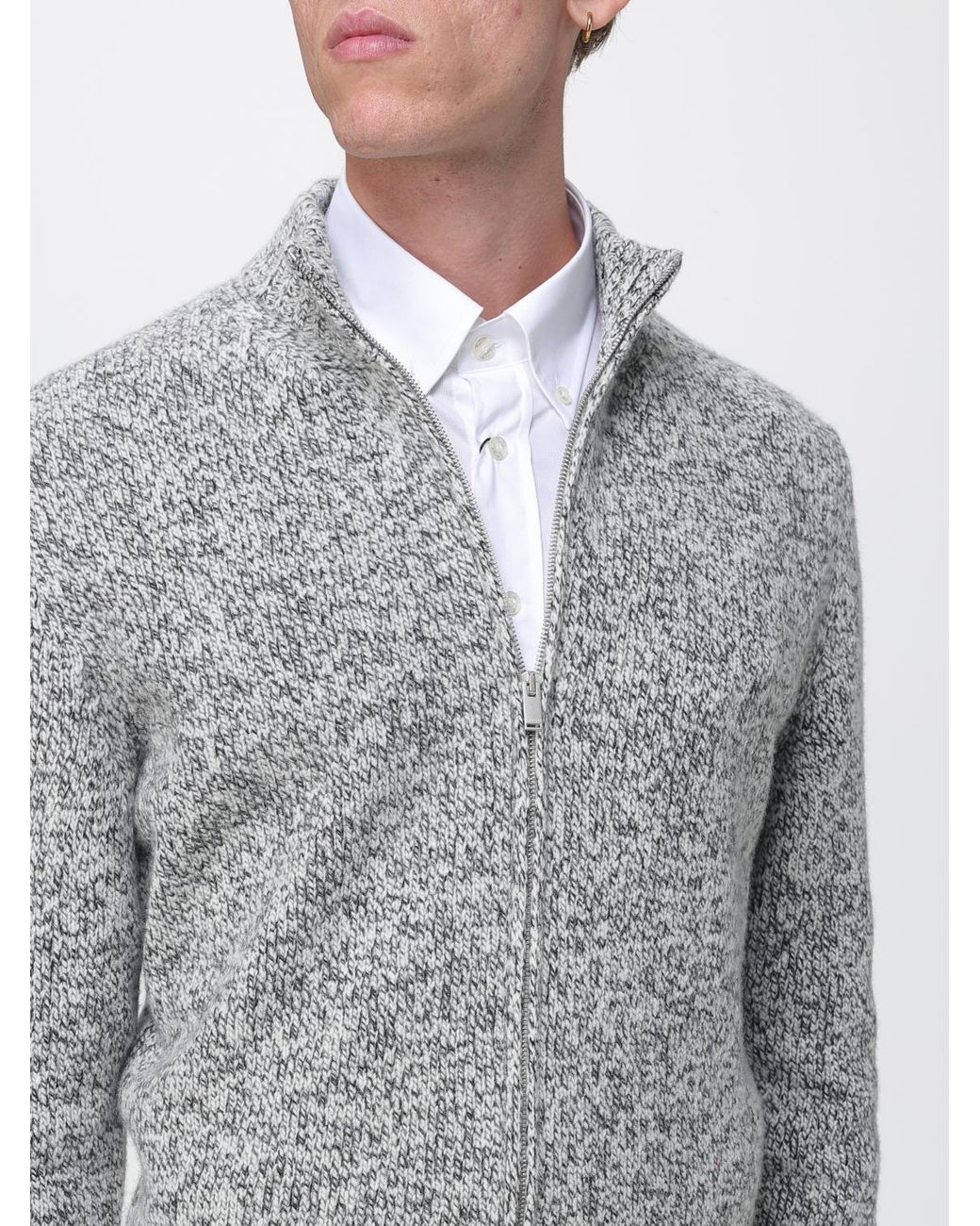 Lardini Gray Wool Cardigan With High Roll Neck Collar And Zip Closure for men
