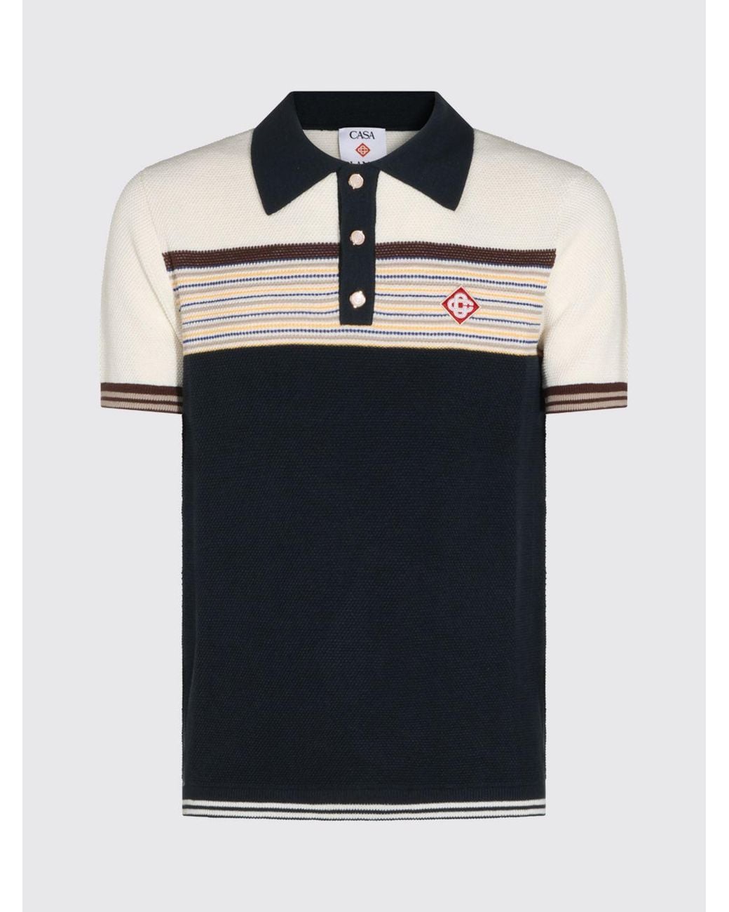 Casablanca Blue Striped Wool And Cotton Knit Polo Shirt With Logo for men