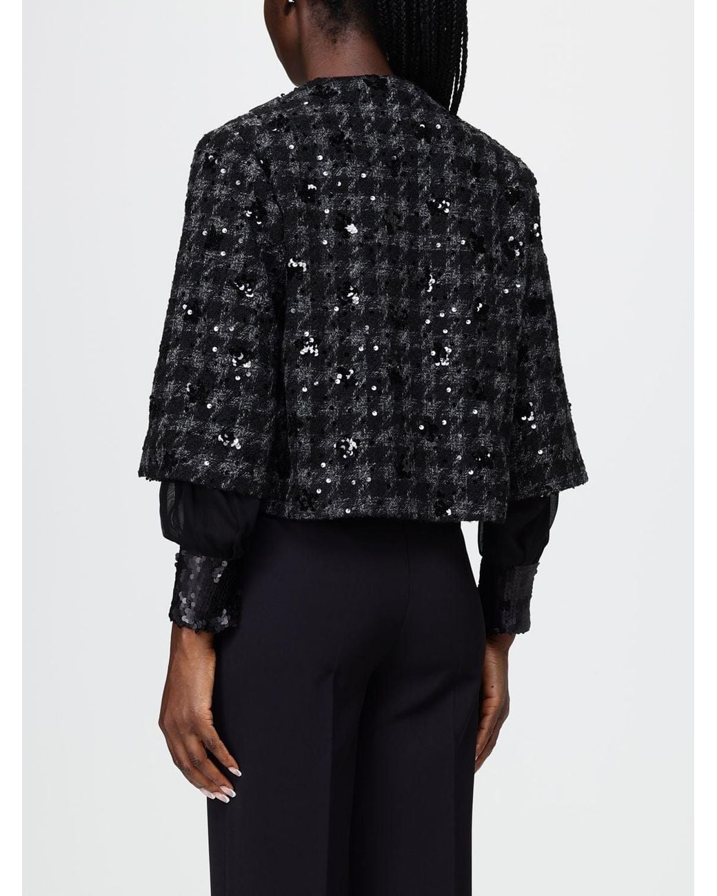 Hanita Blue Cropped Jacket With Houndstooth Embroidery And Sequins