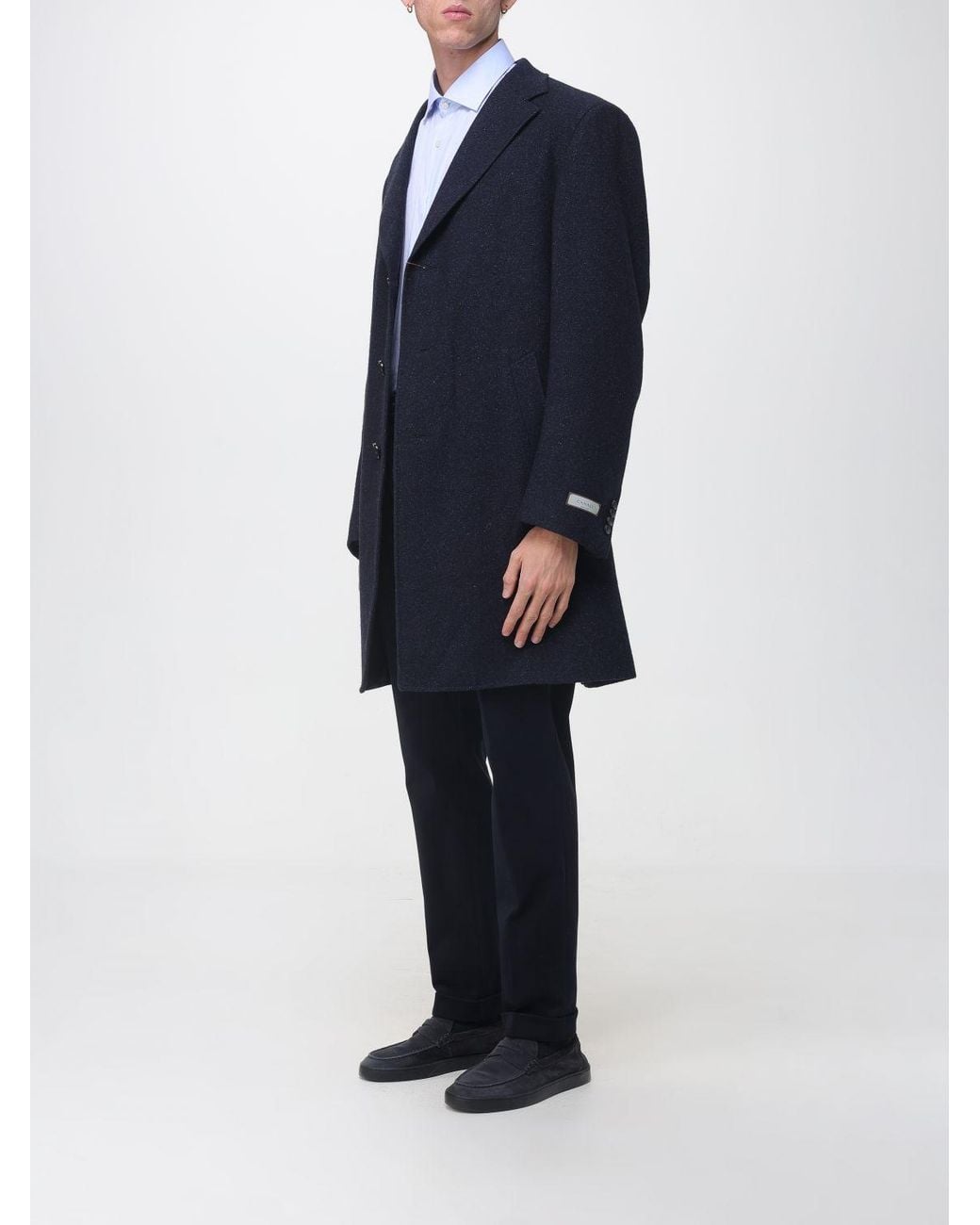 Canali Blue Single-Breasted Wool Blend Coat With Classic Lapels for men