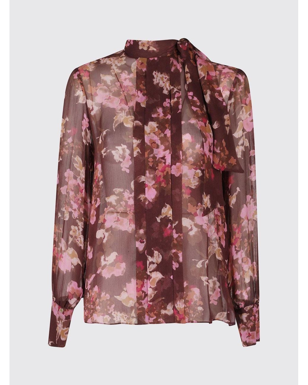 Nissa Red Floral Print Viscose Blouse With A Pussy-Bow Neck And Long Sleeves