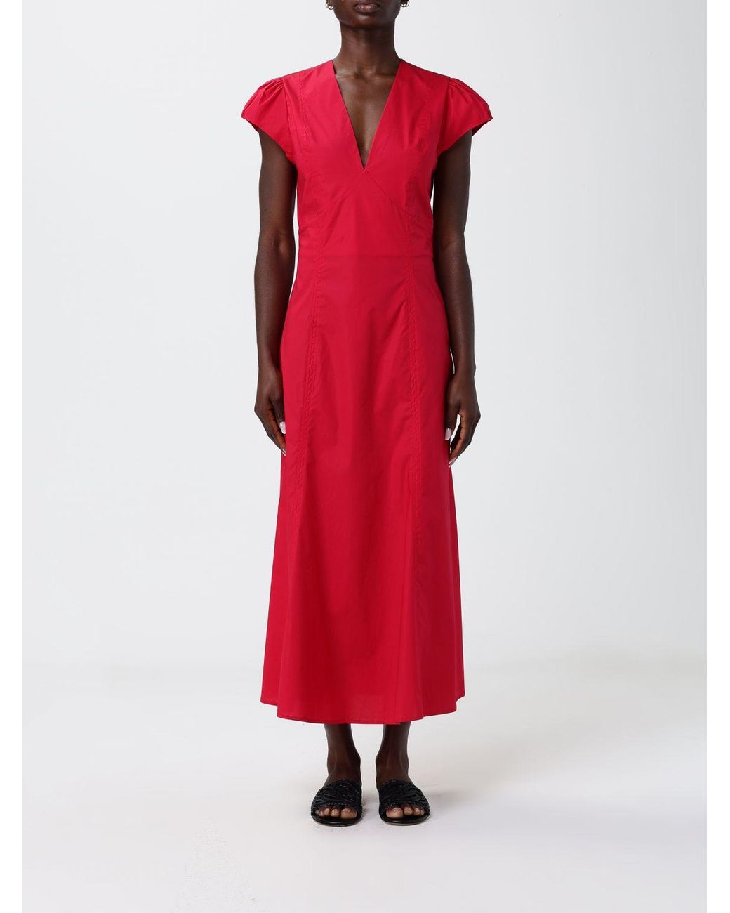 Twinset Red A-Line Stretch Cotton Midi Dress With V-Neck And Short Sleeves