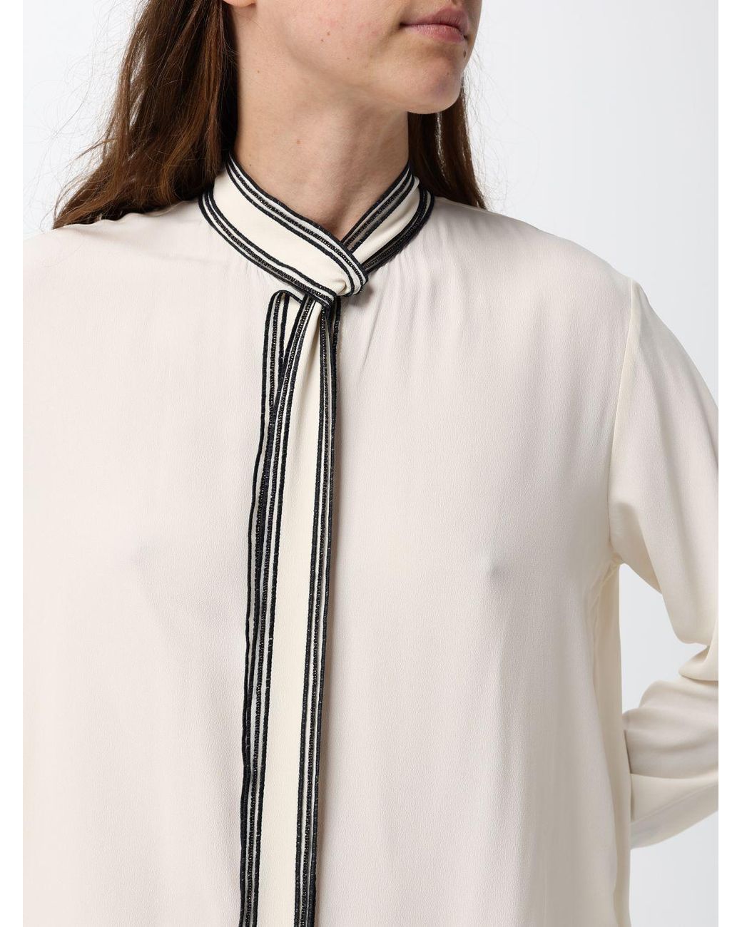 Fabiana Filippi Natural Silk Pussy-Bow Collar Long-Sleeved Shirt