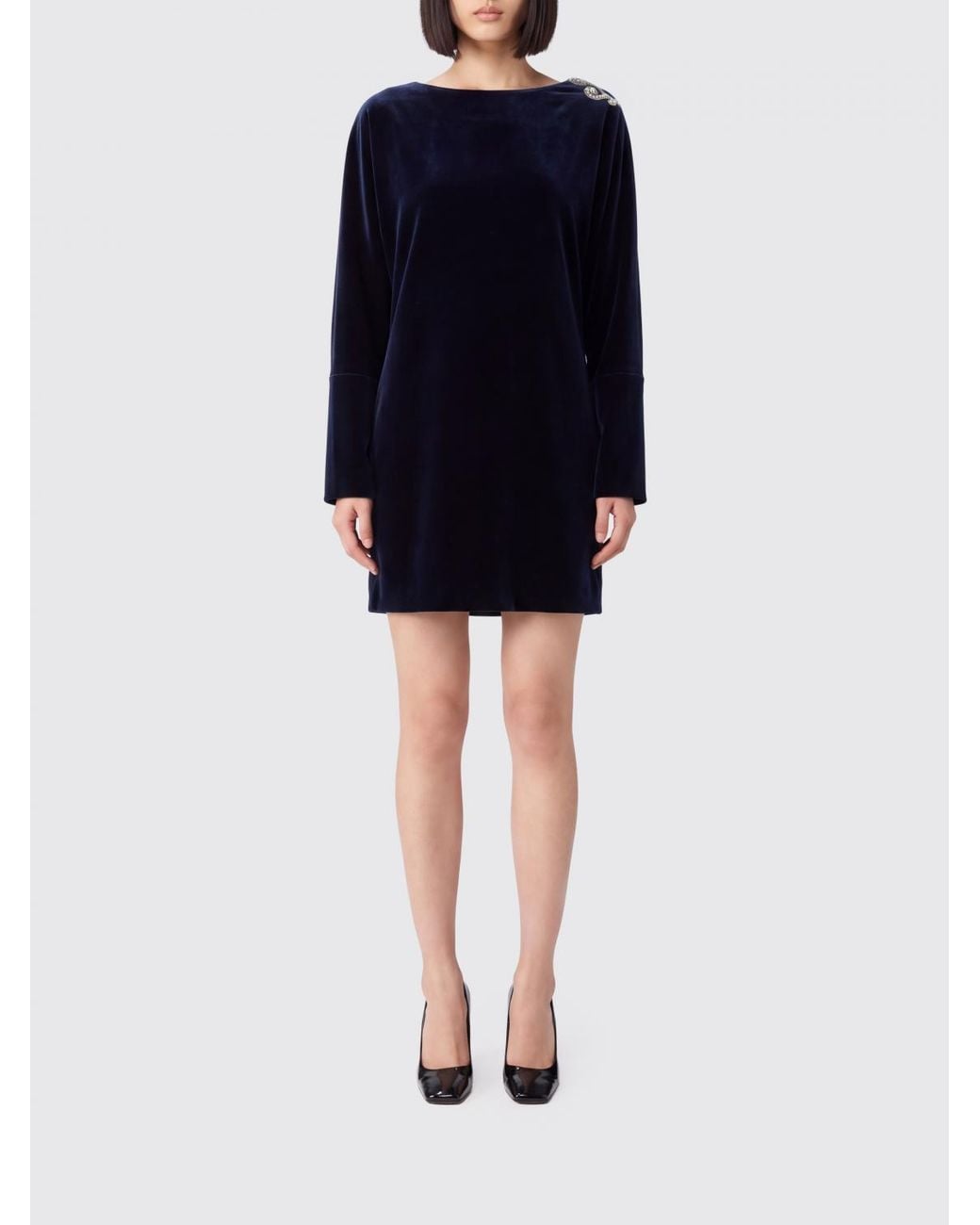 Versace Blue Velvet Mini Sheath Dress With Rhinestones And Round Neck