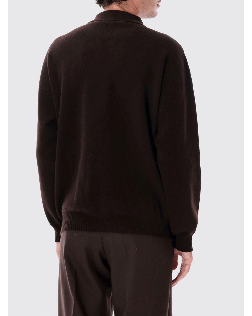 Roberto Collina Black Long-Sleeved Merino Wool Knit Polo Shirt With Zip for men