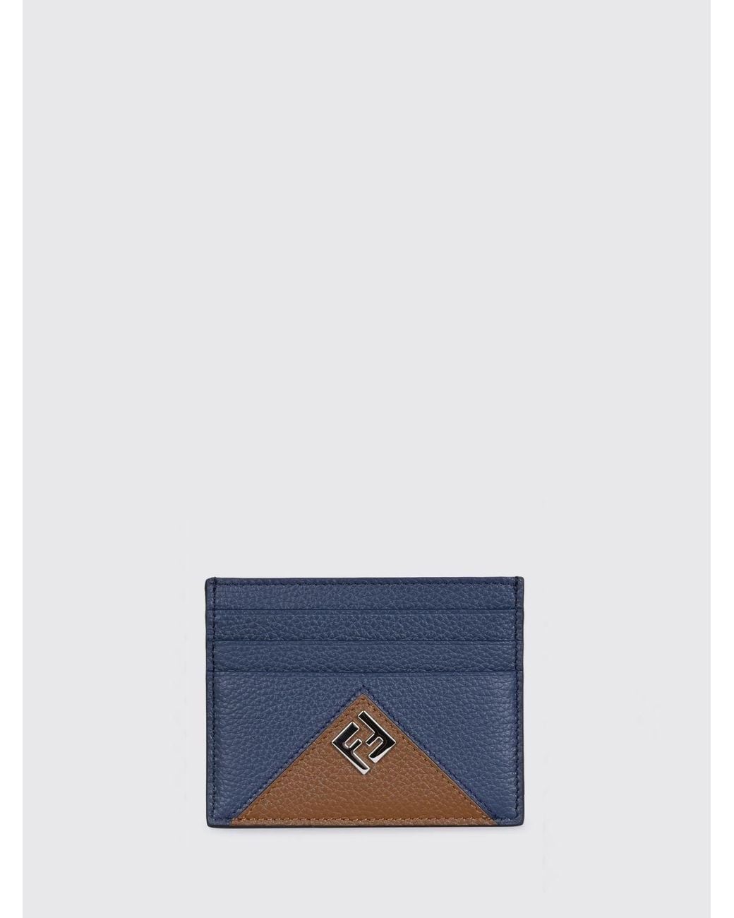 Fendi Blue Lui Ff Monogram Grained Leather Flat Card Holder With Logo for men