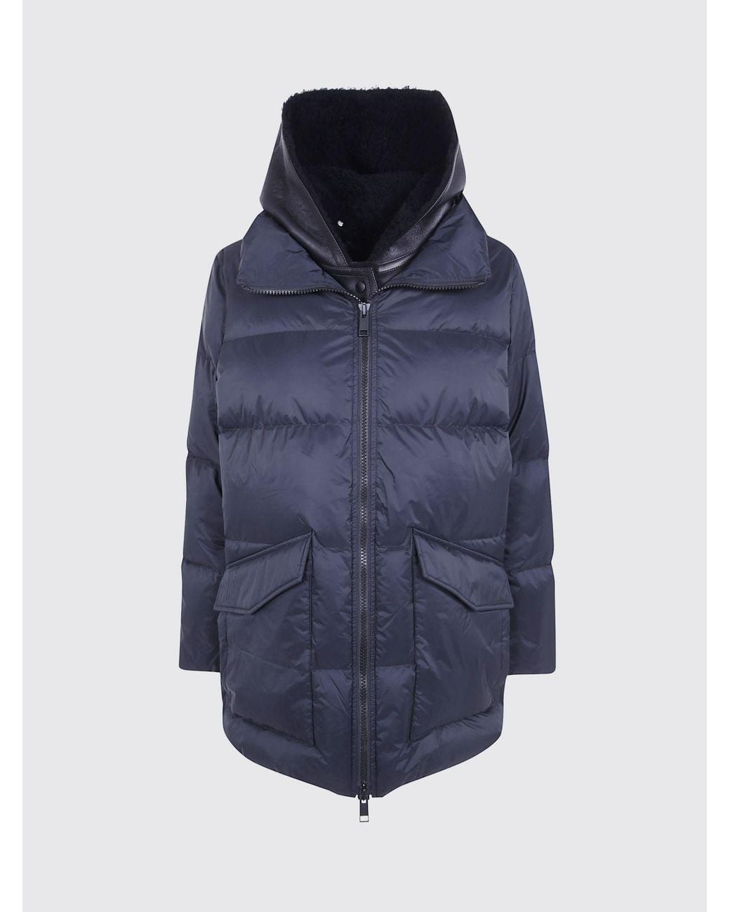 Yves Salomon Blue Knee-Length Lambskin Down Jacket With Hood