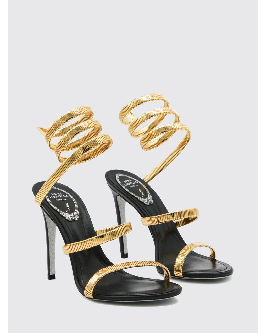 Rene Caovilla Metallic Juniper 105 Leather Sandals With Spiral Strap And Glitter Sole