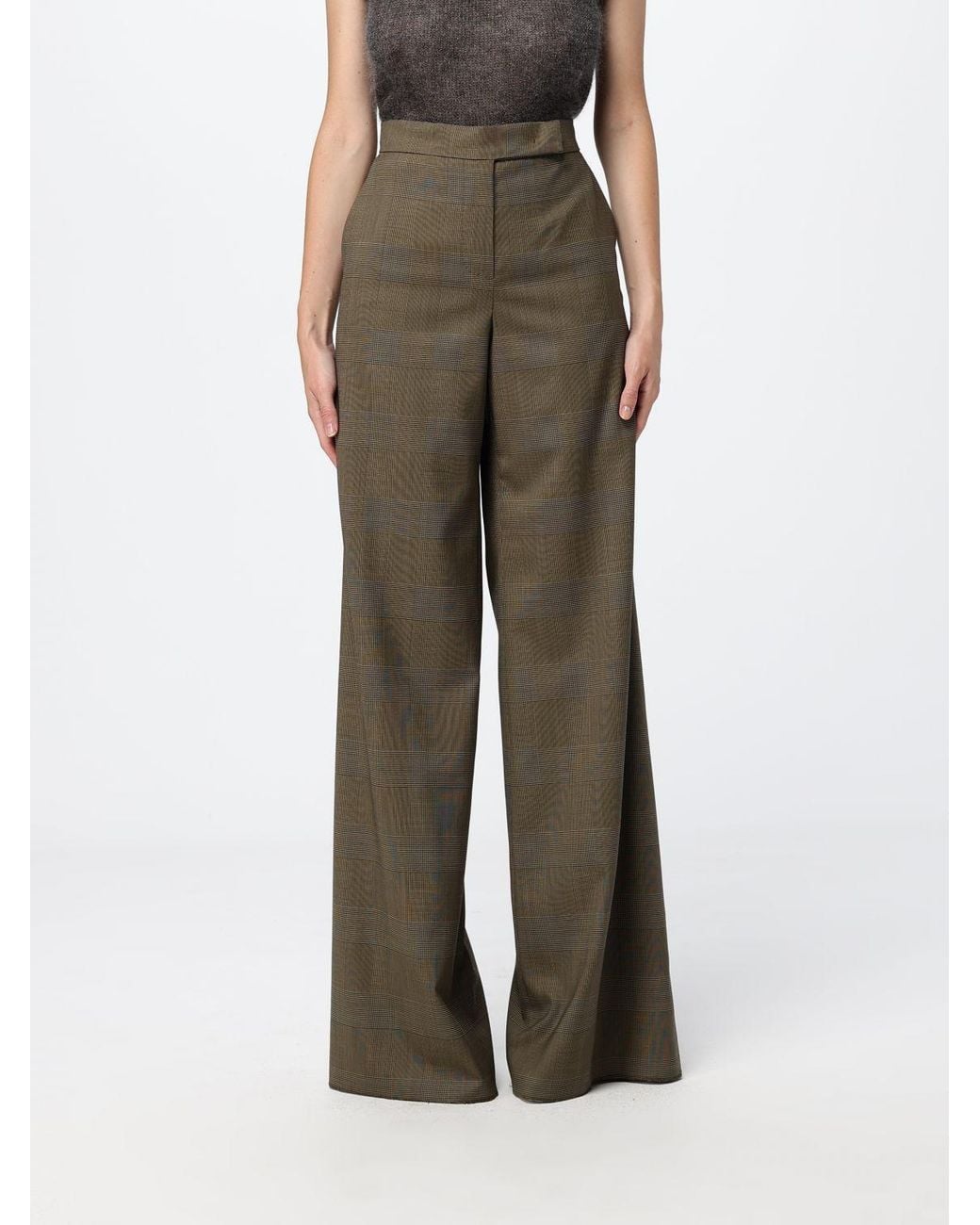 Max Mara Green Prince Of Wales Check Wool Flare Trousers