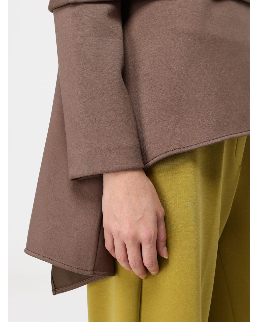 MEIMEIJ Brown Long-Sleeved Crêpe Blouse With A Crew Neck And Asymmetric Hem