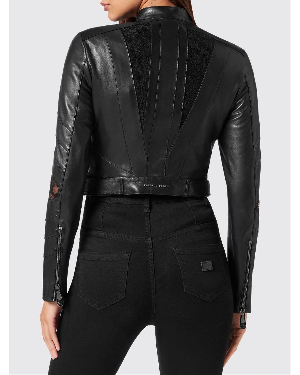 Philipp Plein Black Nappa Leather And Lace Crop Biker Jacket
