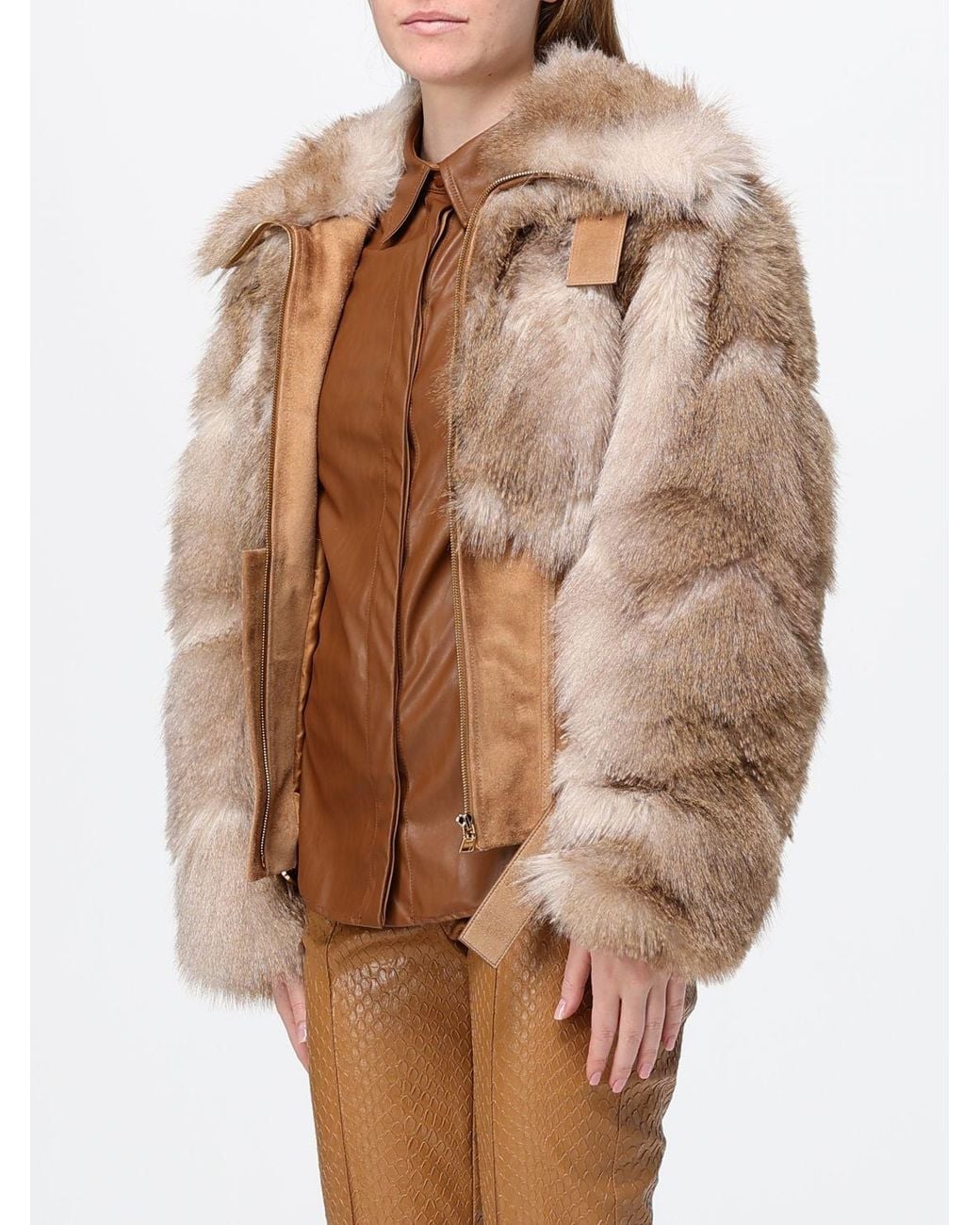 Elisabetta Franchi Brown Short Faux Suede And Faux Fur Jacket With Belt