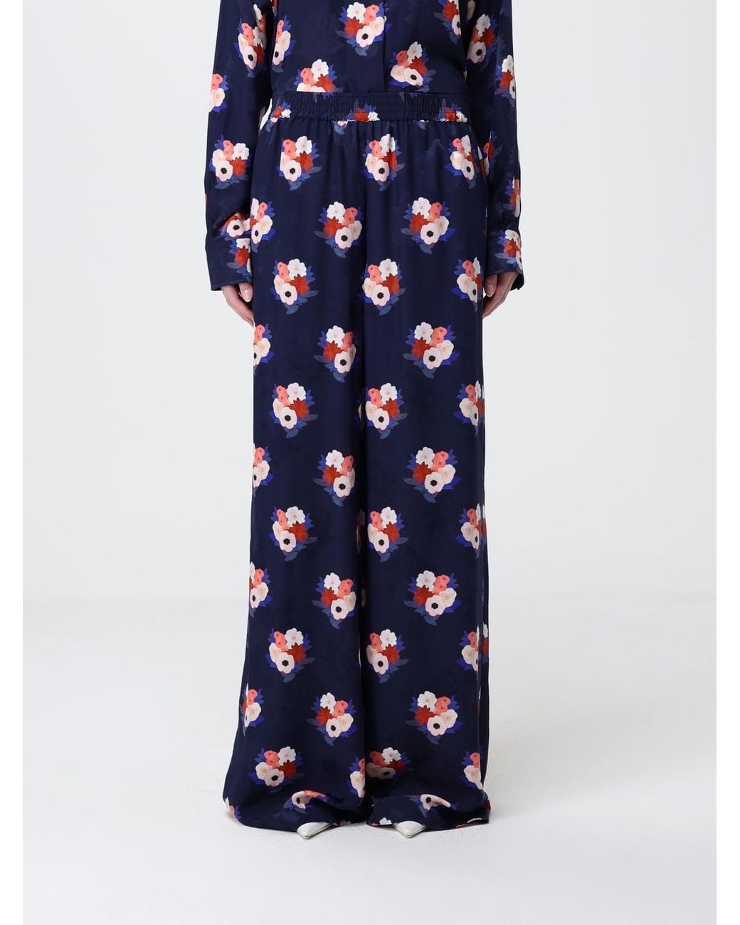 Fendi Blue Silk Palazzo Trousers With Floral Print