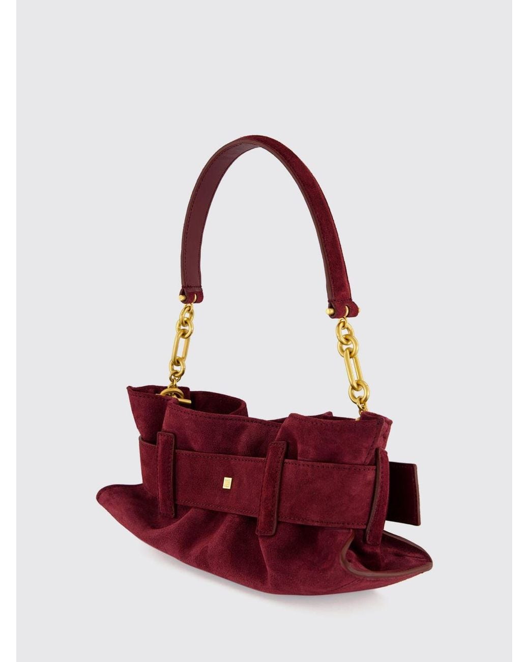 Balmain Red Anthem Ruched Suede Shoulder Bag With Chain Handle
