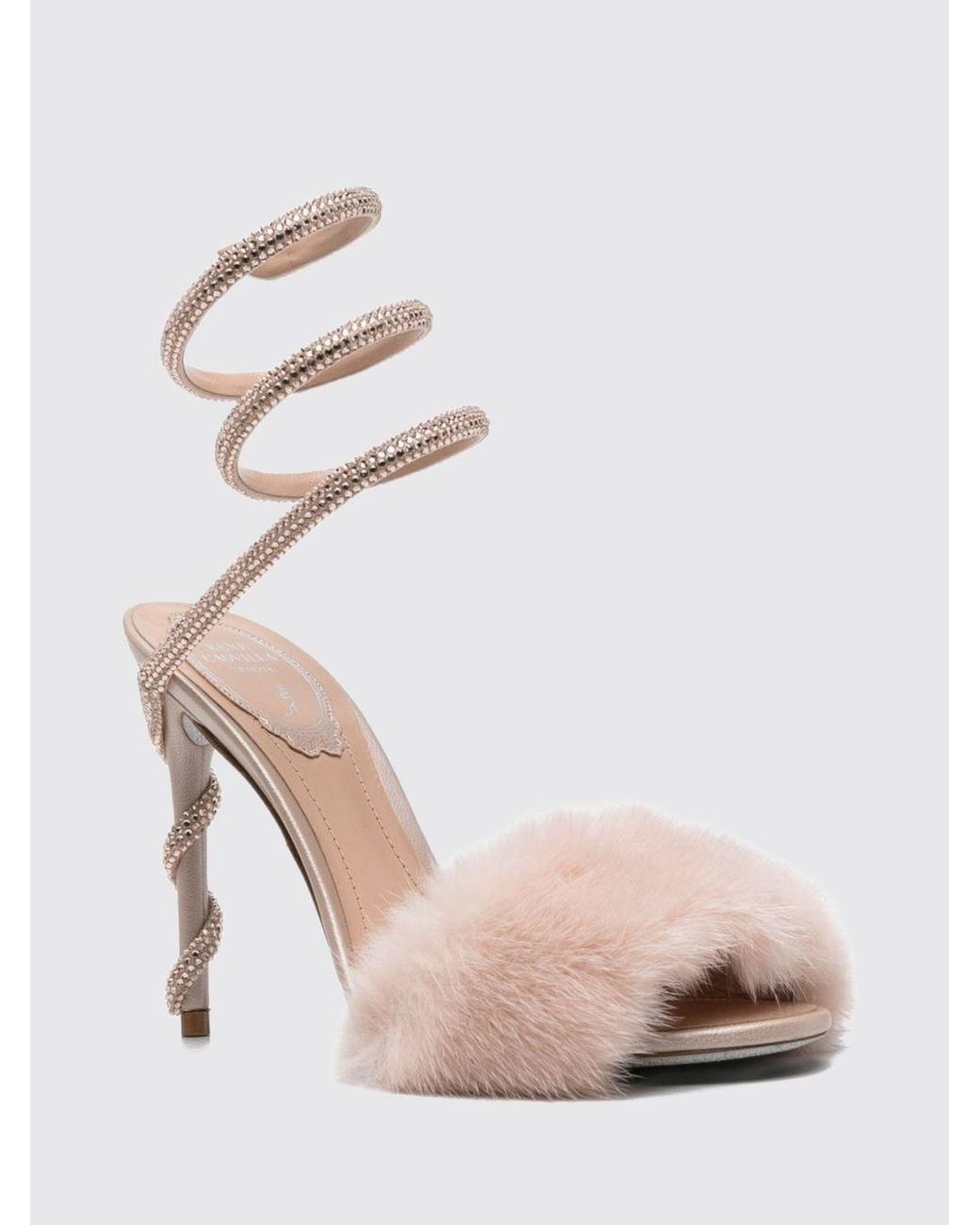 Rene Caovilla Natural Margot Leather Sandals With Stiletto Heel And Crystal Snake Strap