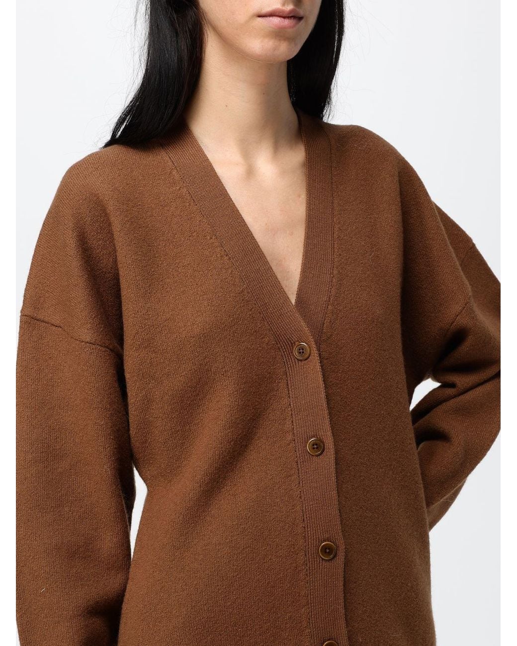 Filippa K Brown V-Neck Wool Cardigan With Dropped Shoulders And Button Closure
