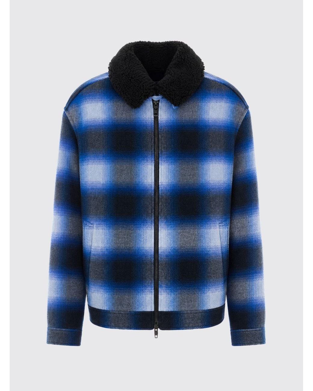Balenciaga Blue Check Wool Flannel Short Coat With Fur Collar for men