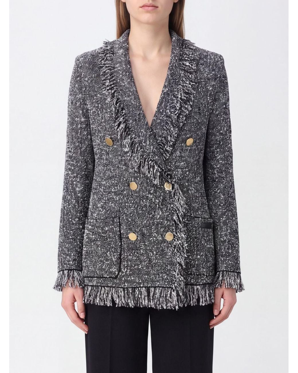 Elisabetta Franchi Gray Double-Breasted Wool Blend Blazer With Fringes And Shawl Collar
