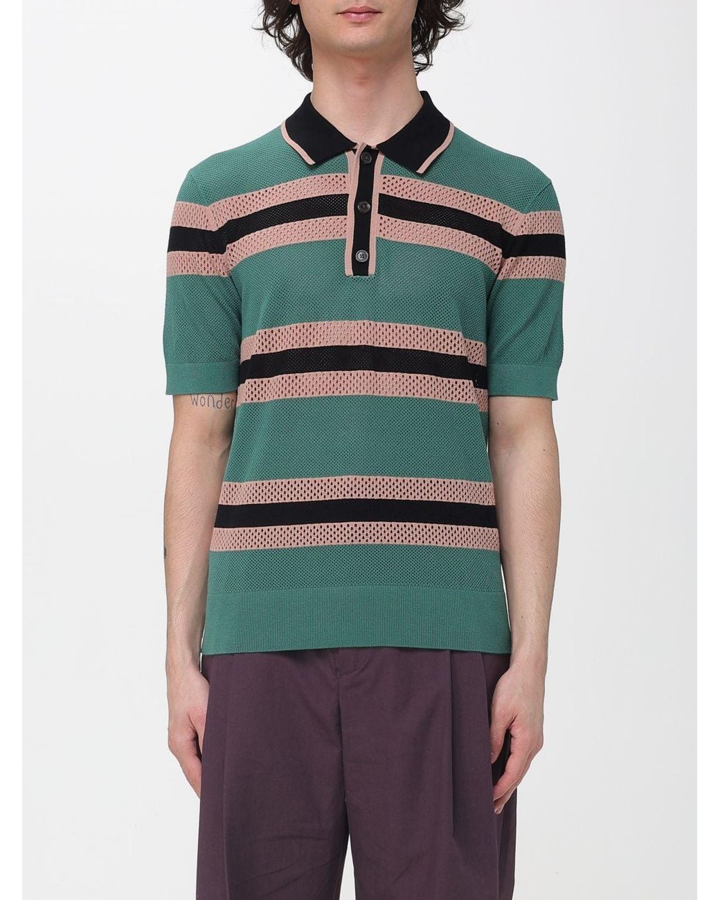 Dries Van Noten Green Striped Viscose Polo Shirt for men