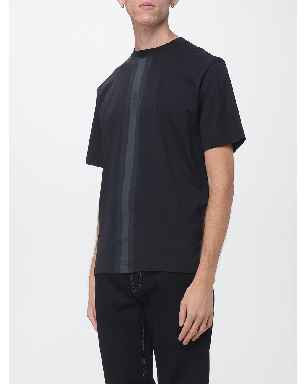 Gucci Black Striped Cotton T-Shirt With Tone-On-Tone Logo for men