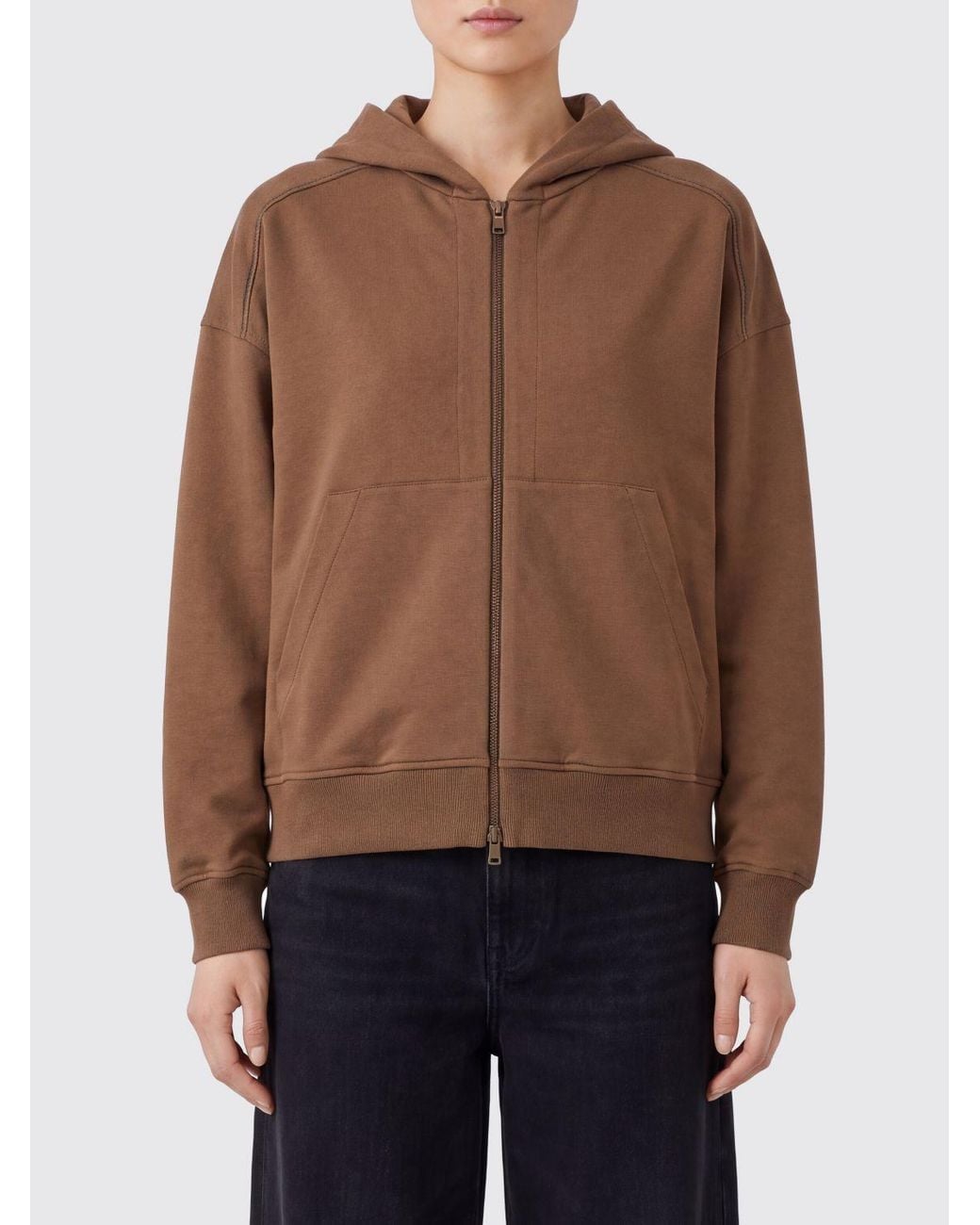 Brunello Cucinelli Brown Zip-Up Cotton Hoodie With Kangaroo Pocket