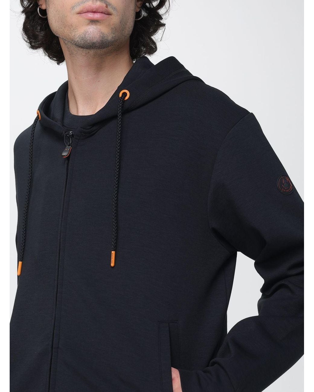 Save The Duck Blue Cotton Zip-Up Hoodie With Applied Logo for men