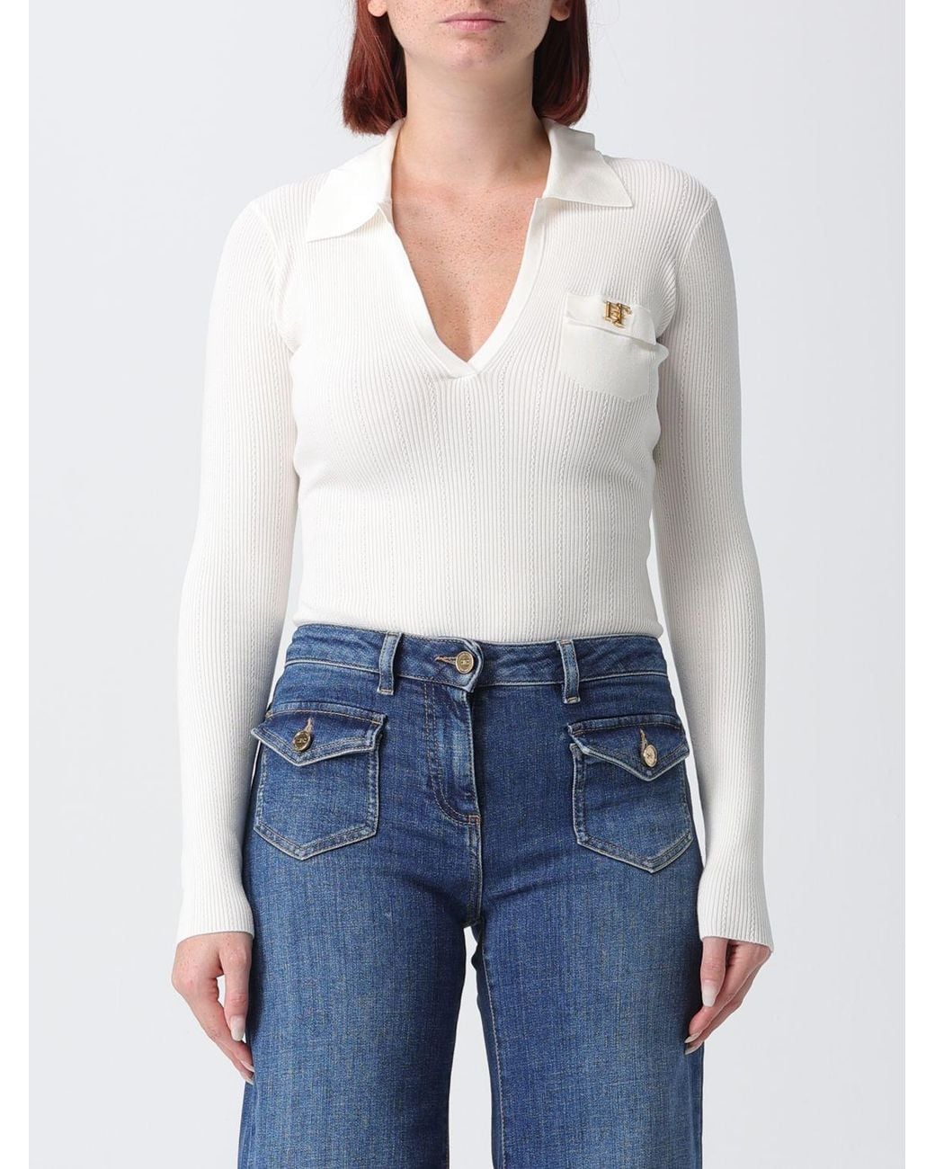 Elisabetta Franchi White Slim Fit Long-Sleeved V-Neck Bodysuit With Ruffles