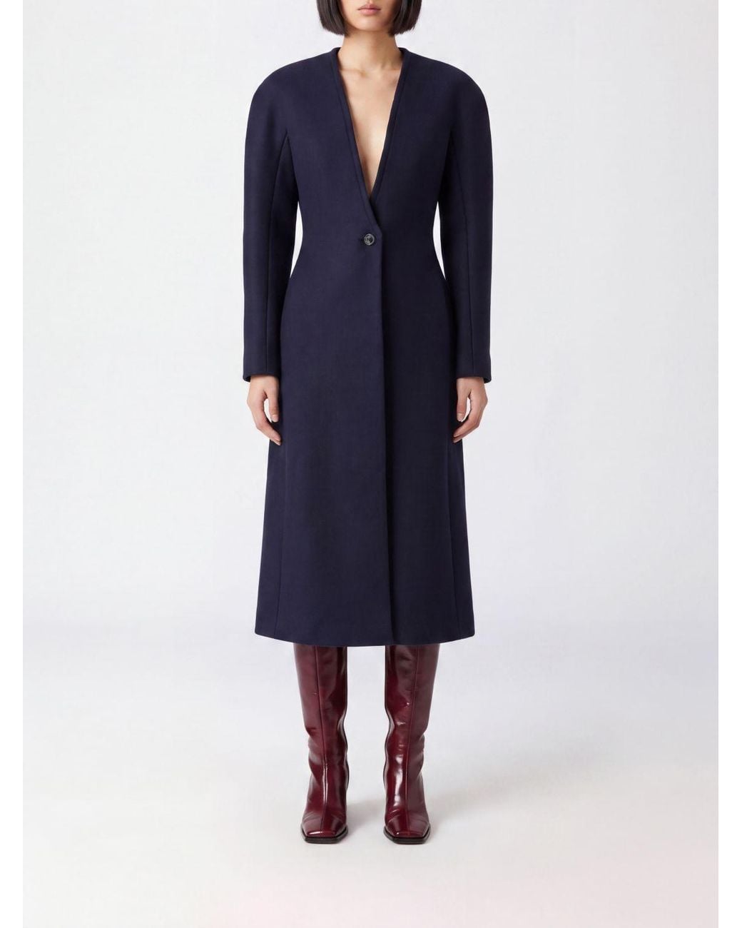 Maison Margiela Blue Single-Breasted Long Wool Coat With V-Neck