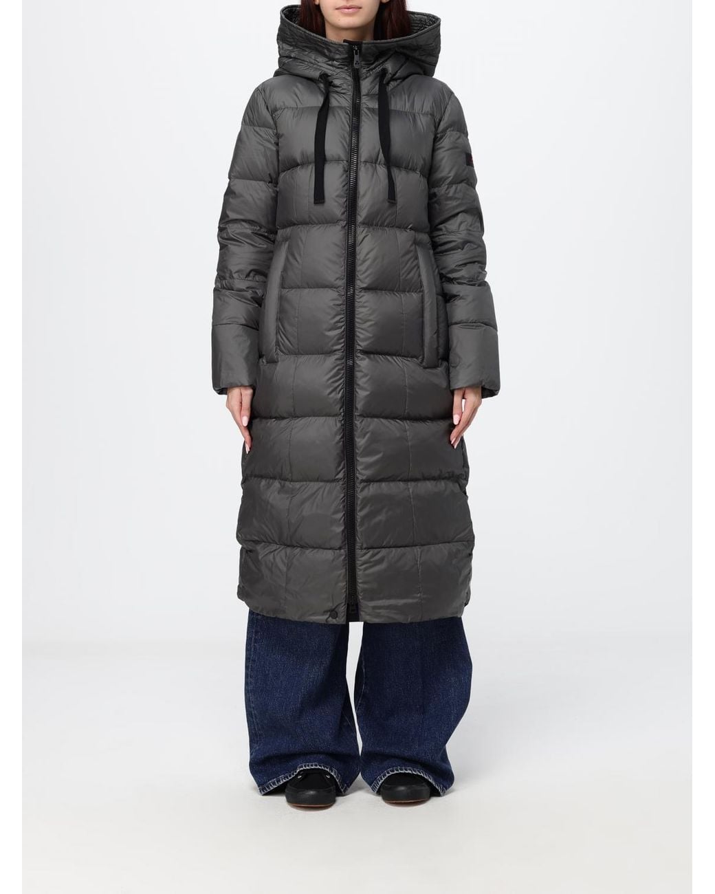 Peuterey Brown Long Quilted Nylon Puffer Coat With A Hood And High Collar