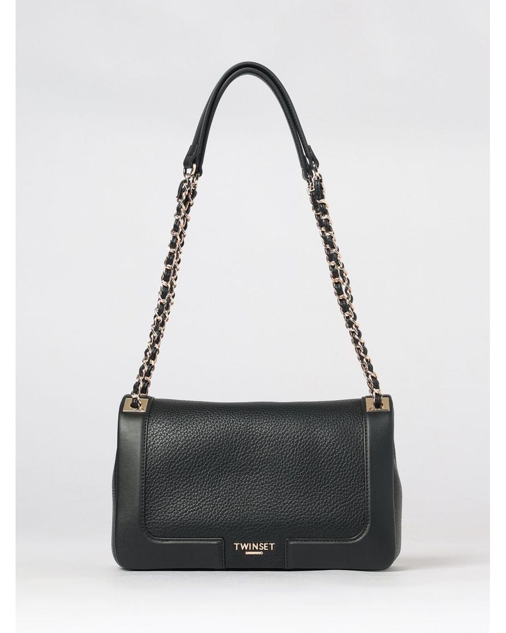 Twinset Black Grained Faux Leather Shoulder Bag With Braided Handle