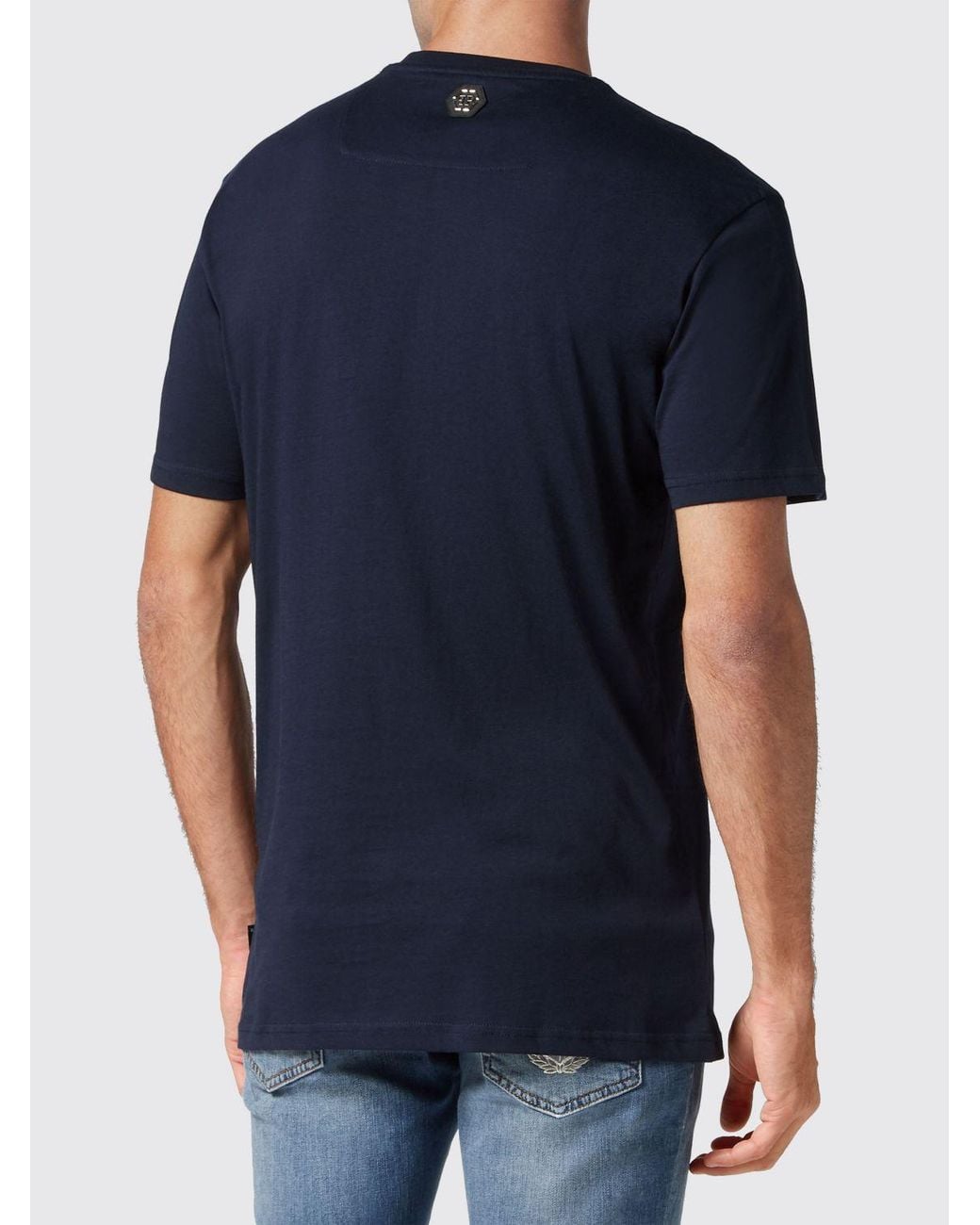 Philipp Plein Blue Cotton Crew Neck T-Shirt With Contrasting Logo Lettering Print for men