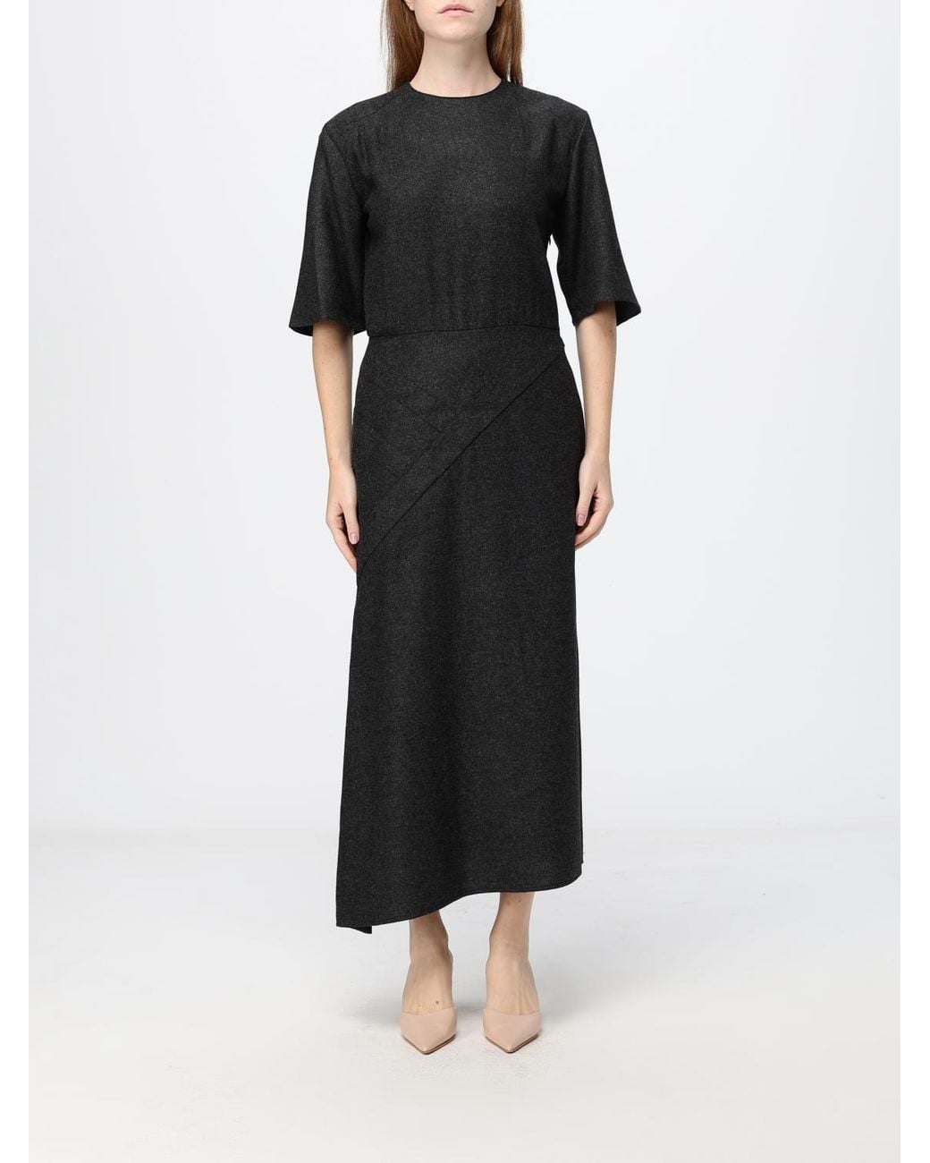 Crida Milano Black Beatrice Asymmetric Hem Wool Flannel Midi Dress With Short Sleeves