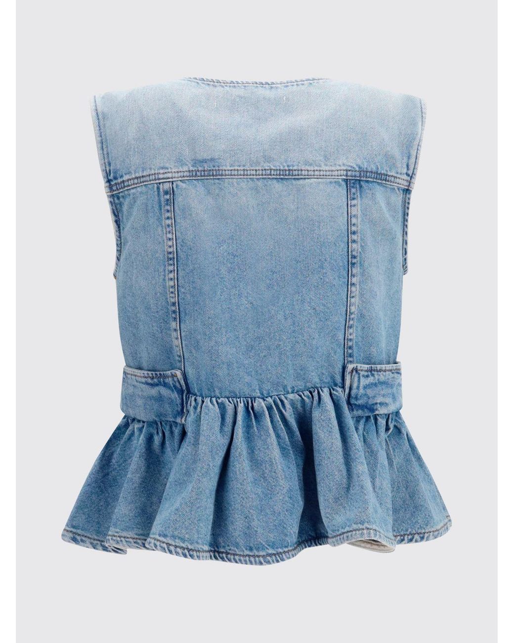 Ganni Blue Slim Fit V-Neck Denim Top With Flounces