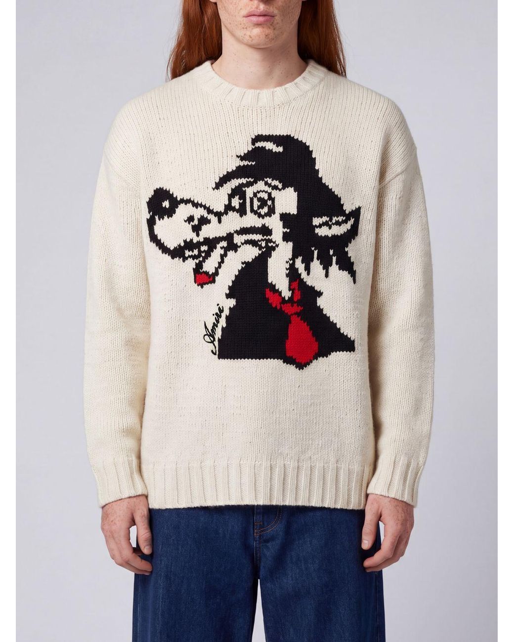 Amiri Natural Wolf Wool And Cashmere Blend Jumper With Graphic Print And Crew Neck for men