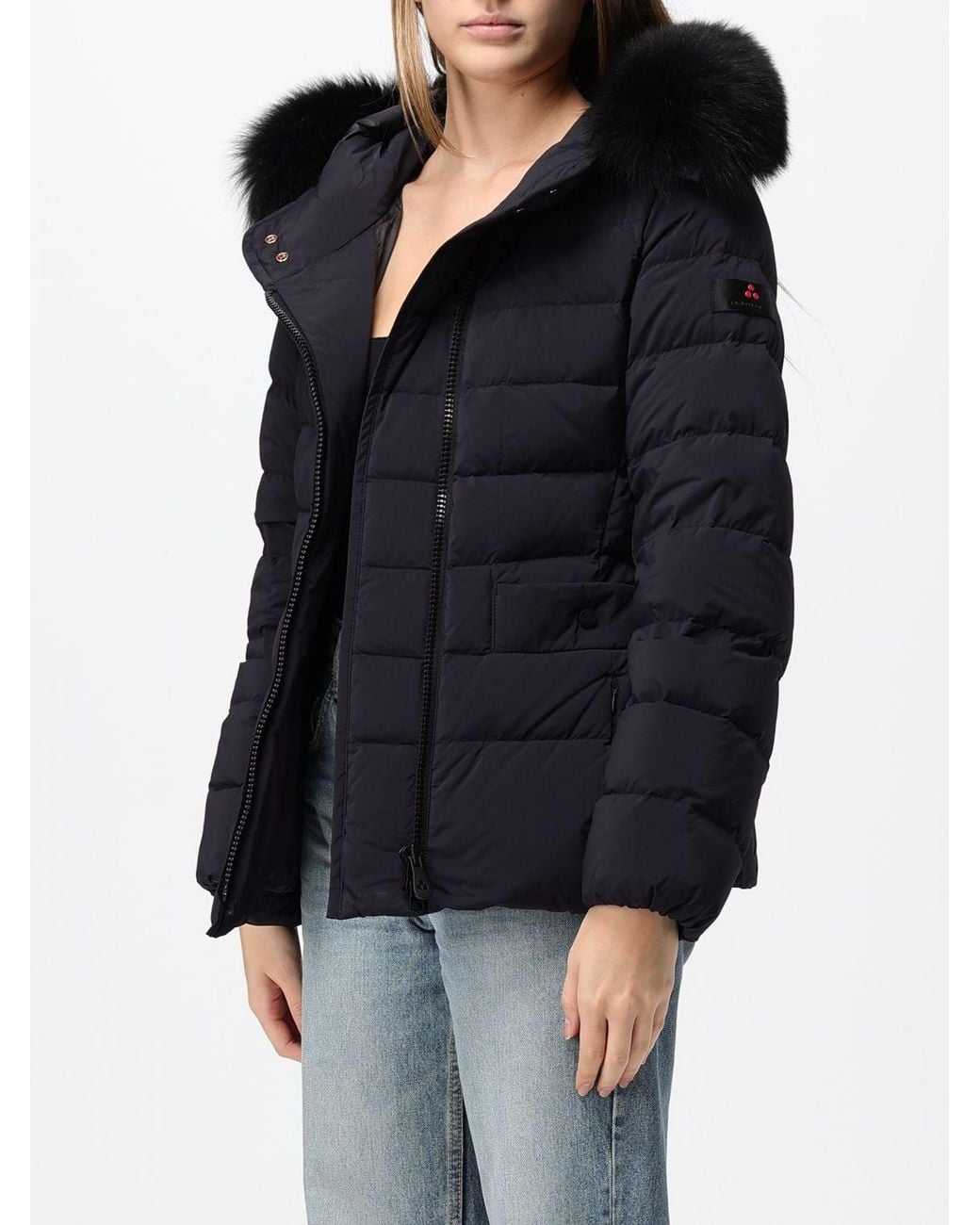 Peuterey Black Short Polyester Down Jacket With Shearling Hood And High Neck