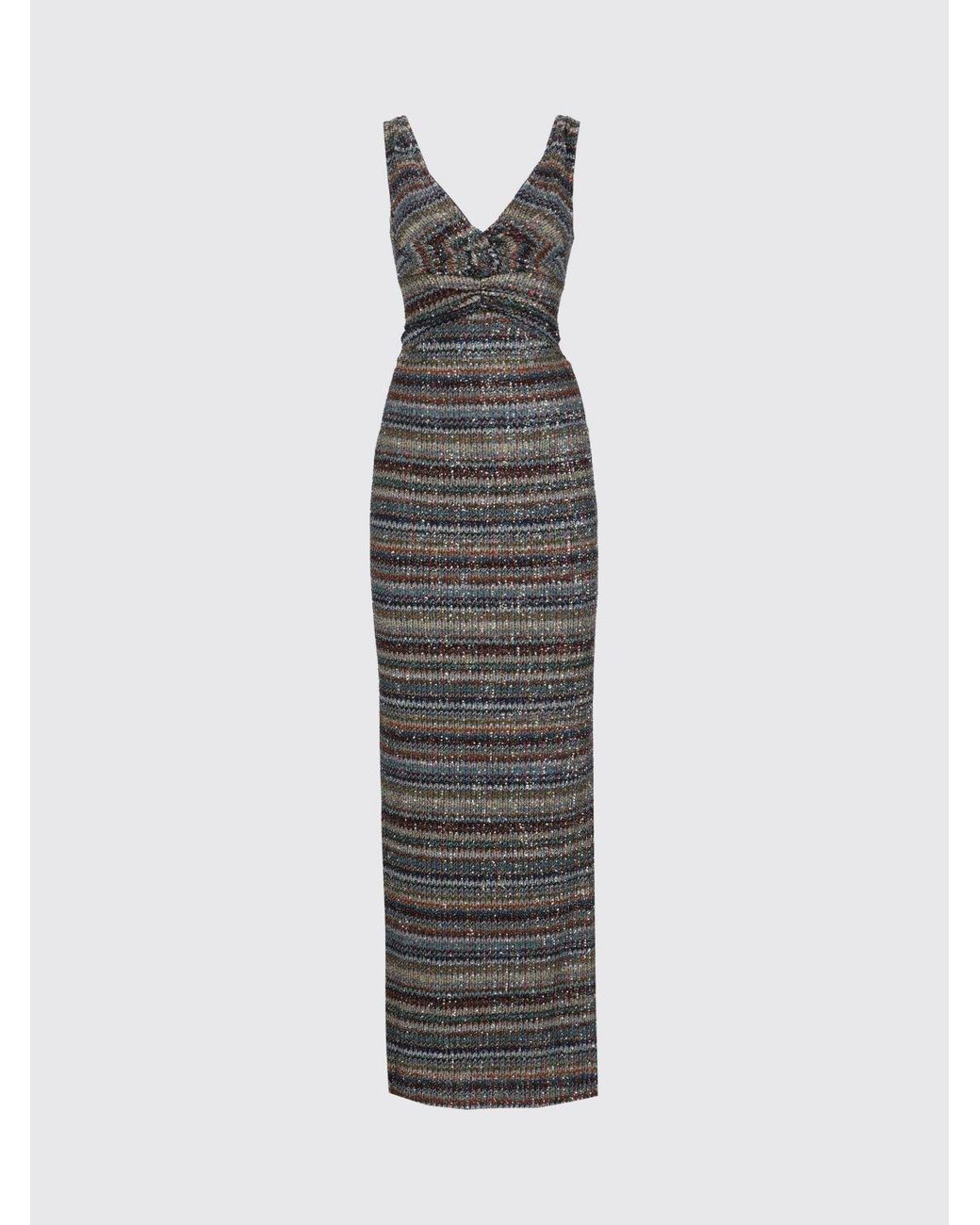 Missoni Multicolor Striped Lurex Knit Long Sheath Dress With V-Neck