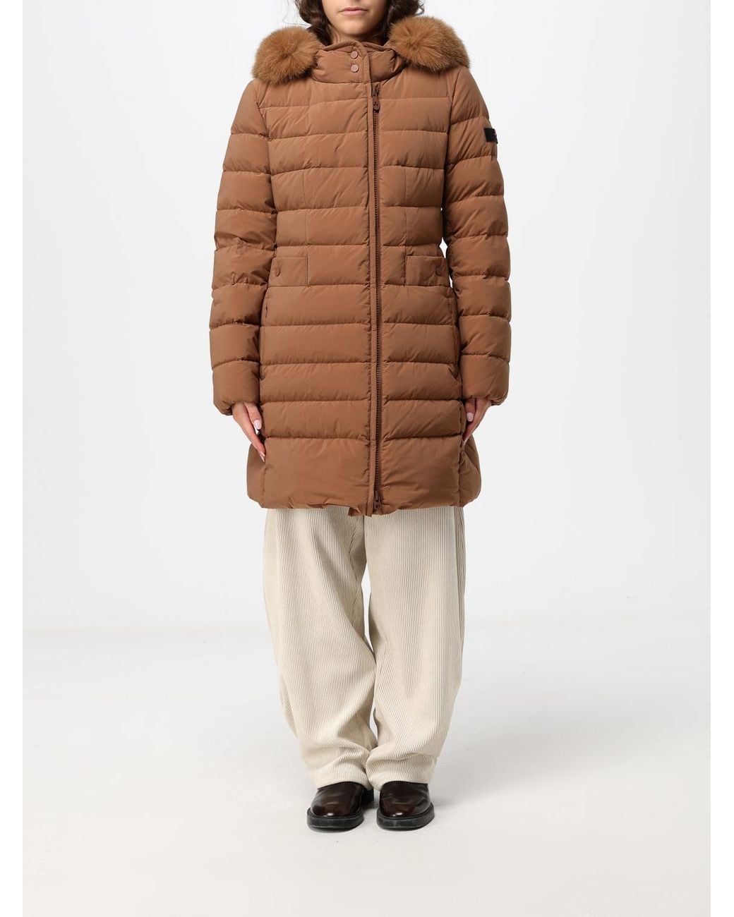 Peuterey Brown Knee-Length Quilted Nylon Down Jacket With Shearling Hood