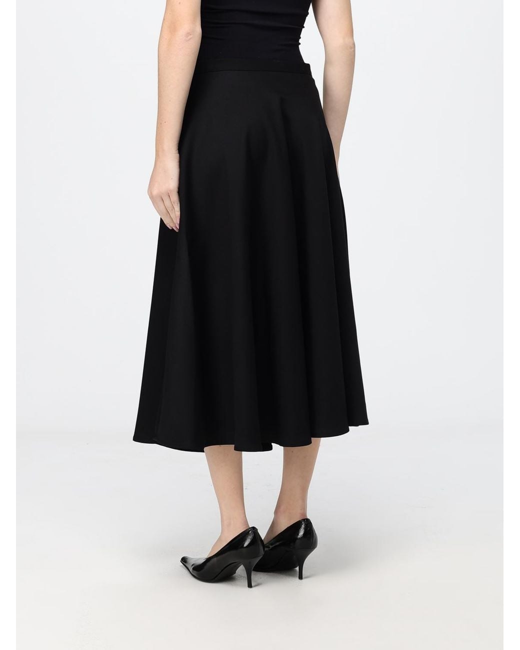 Crida Milano Black Cristina High-Waisted Wool Midi Flare Skirt With Pockets