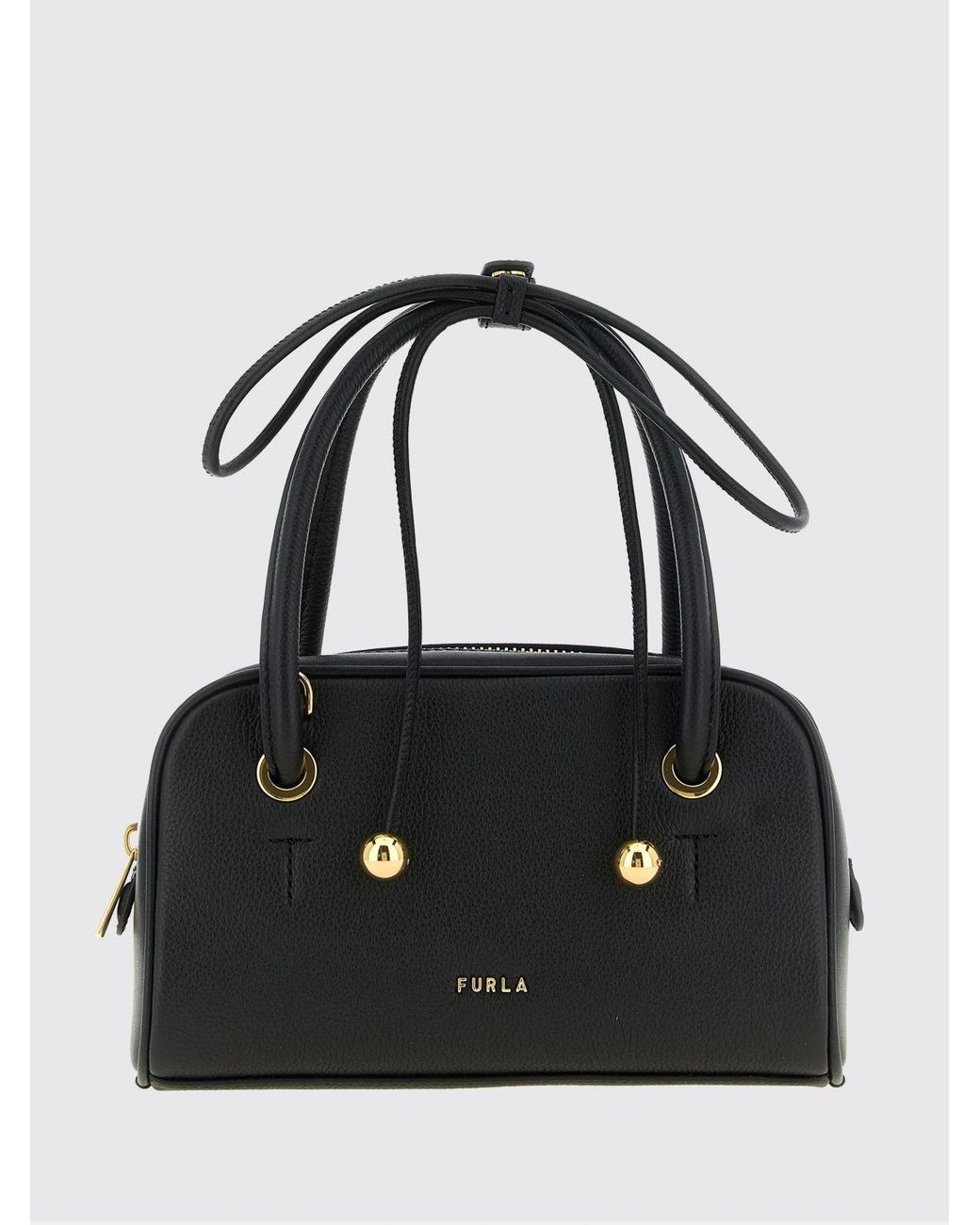 Furla Black Poppy Mini Full-Grain Leather Handbag With Double Handle And Shoulder Strap