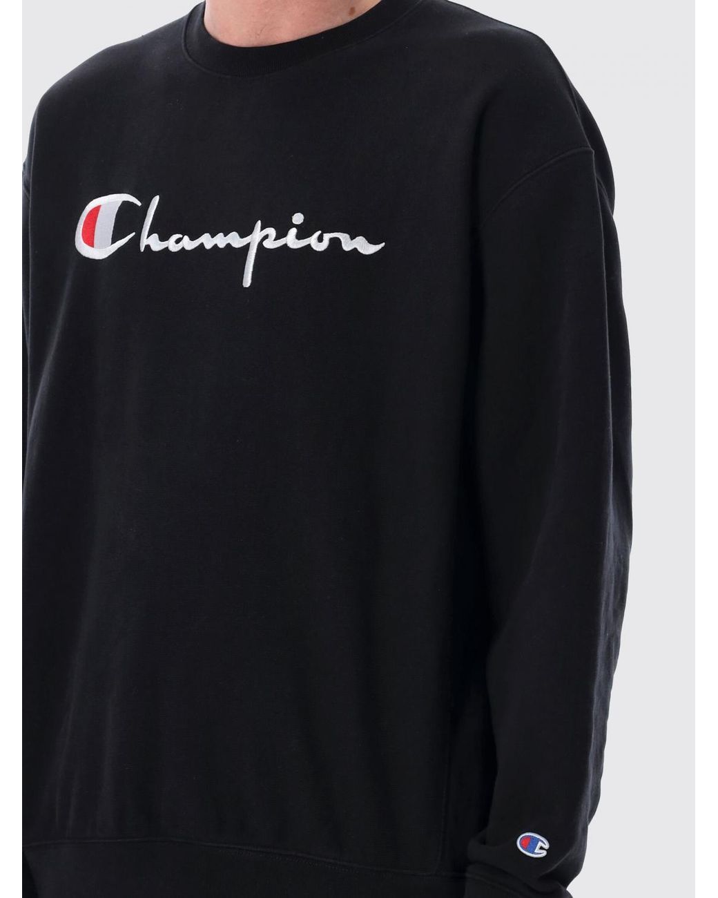 Champion Black Crewneck Cotton Sweatshirt With Contrast Logo And Dropped Shoulders for men